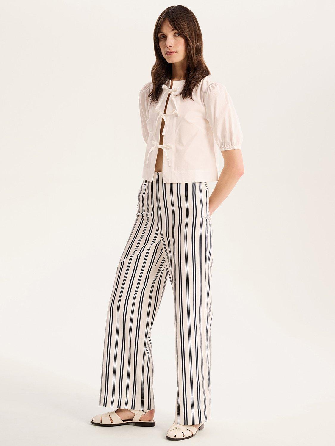 Product image 2 of 5, which shows OMNES Tommy Striped High Waist Palazzo Cotton Trousers, White, 6