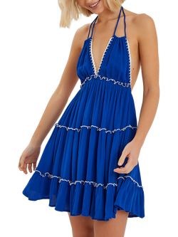 Accessorize Contrast Stitch Halter Mini Dress, Cobalt, Cobalt