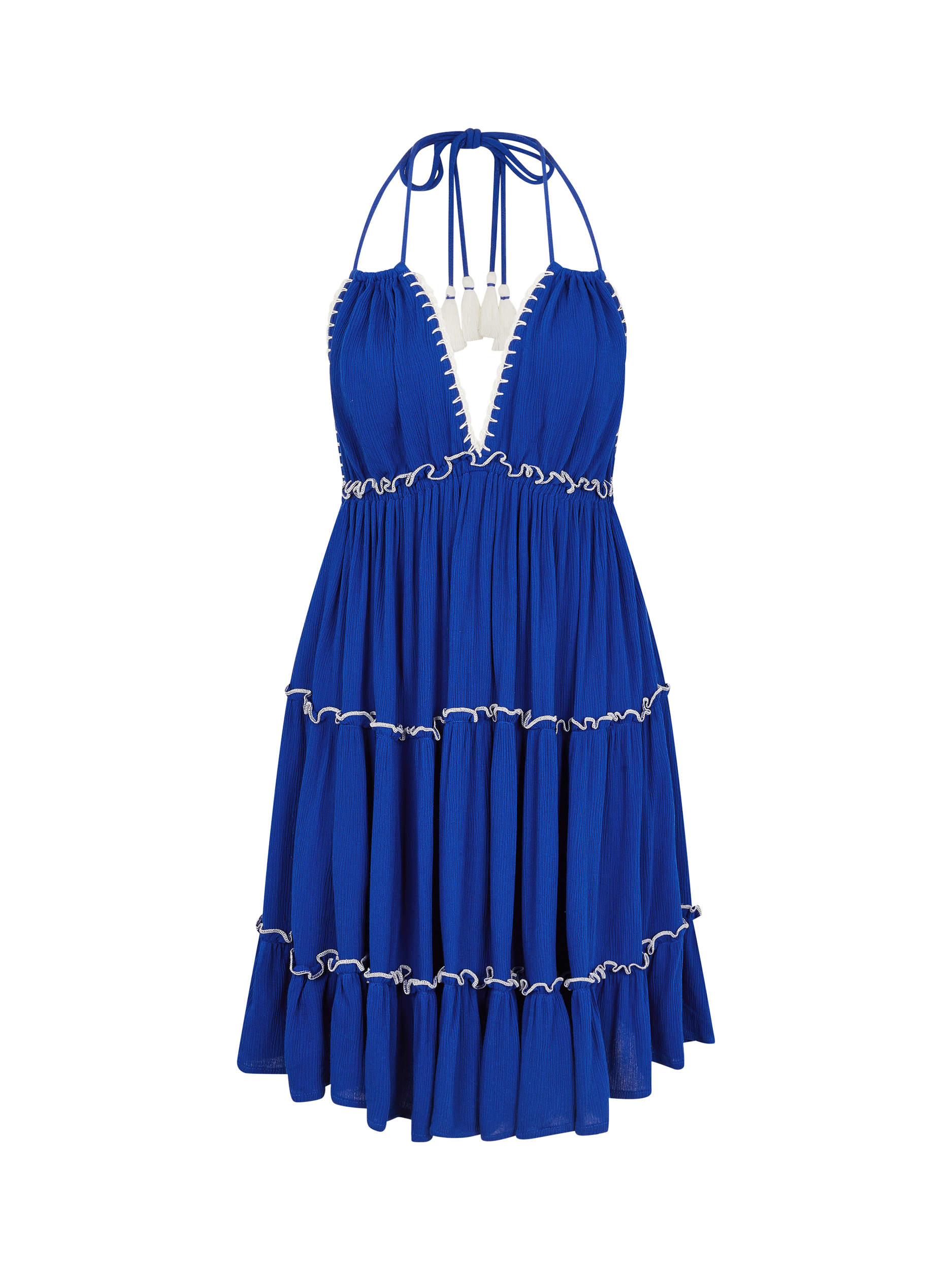 Product image 3 of 4, which shows Accessorize Contrast Stitch Halter Mini Dress, Cobalt, XS