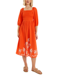 Accessorize Palm Embroidered Puff-Sleeve Midi Dress, Coral