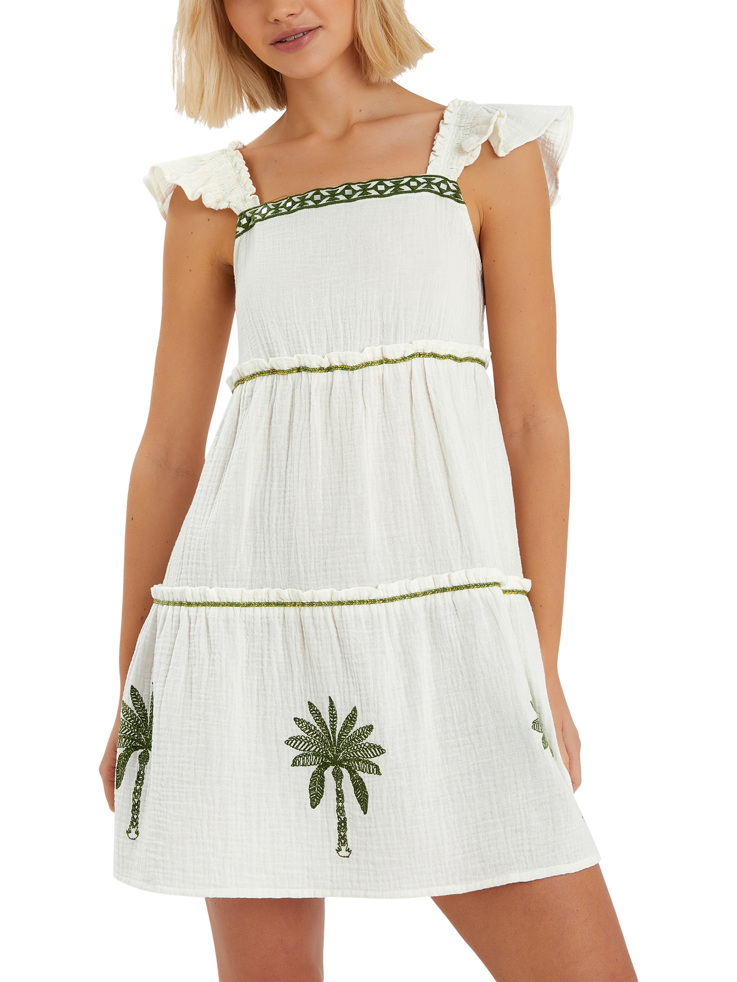 Product image 1 of 4, which shows Accessorize Cotton Tiered Embroidered Palm Tree Dress, Ivory, XS