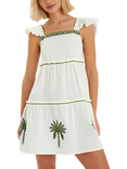 Accessorize Cotton Tiered Embroidered Palm Tree Dress, Ivory