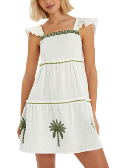 Accessorize Cotton Tiered Embroidered Palm Tree Dress, Ivory, Ivory