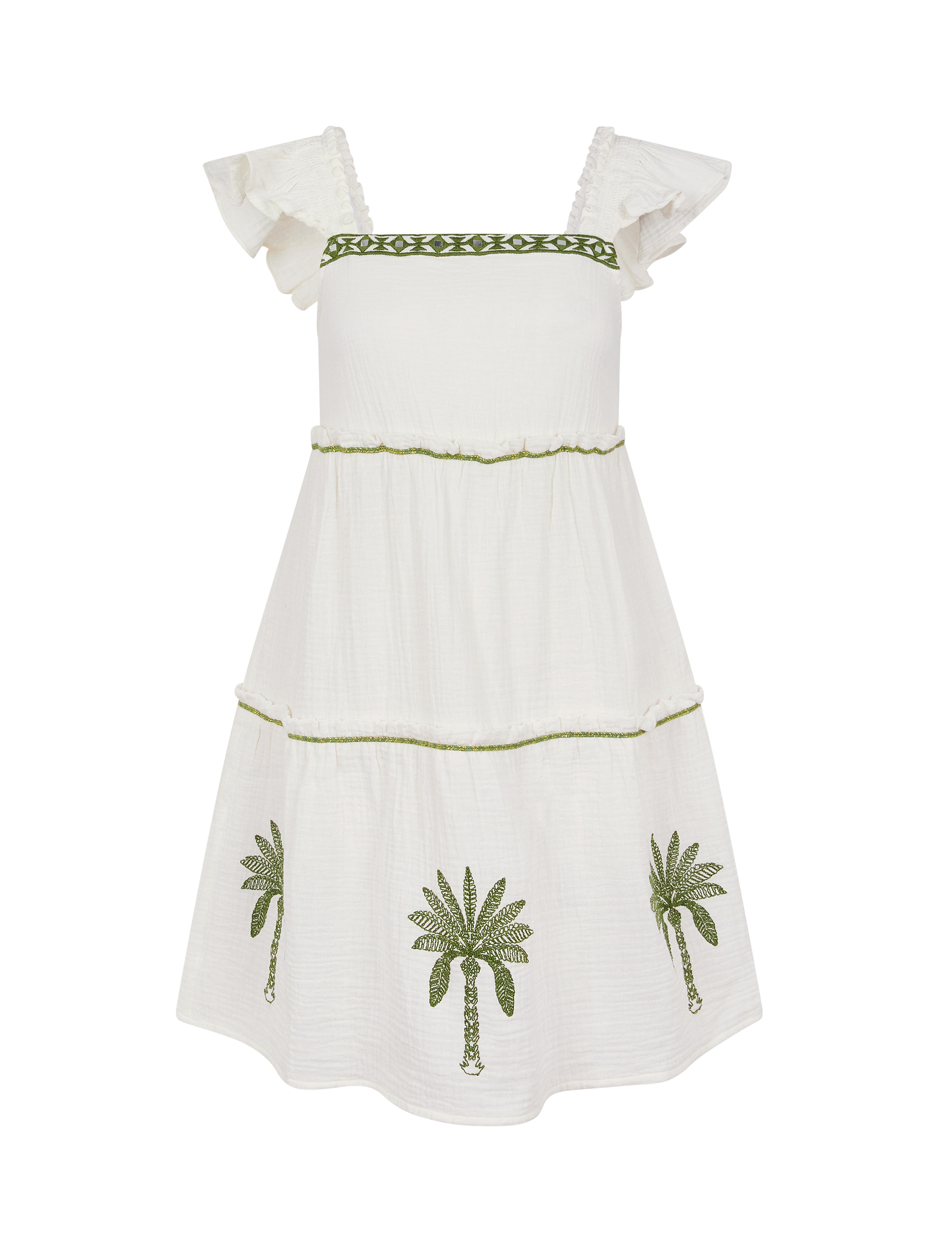 Product image 3 of 4, which shows Accessorize Cotton Tiered Embroidered Palm Tree Dress, Ivory, XS