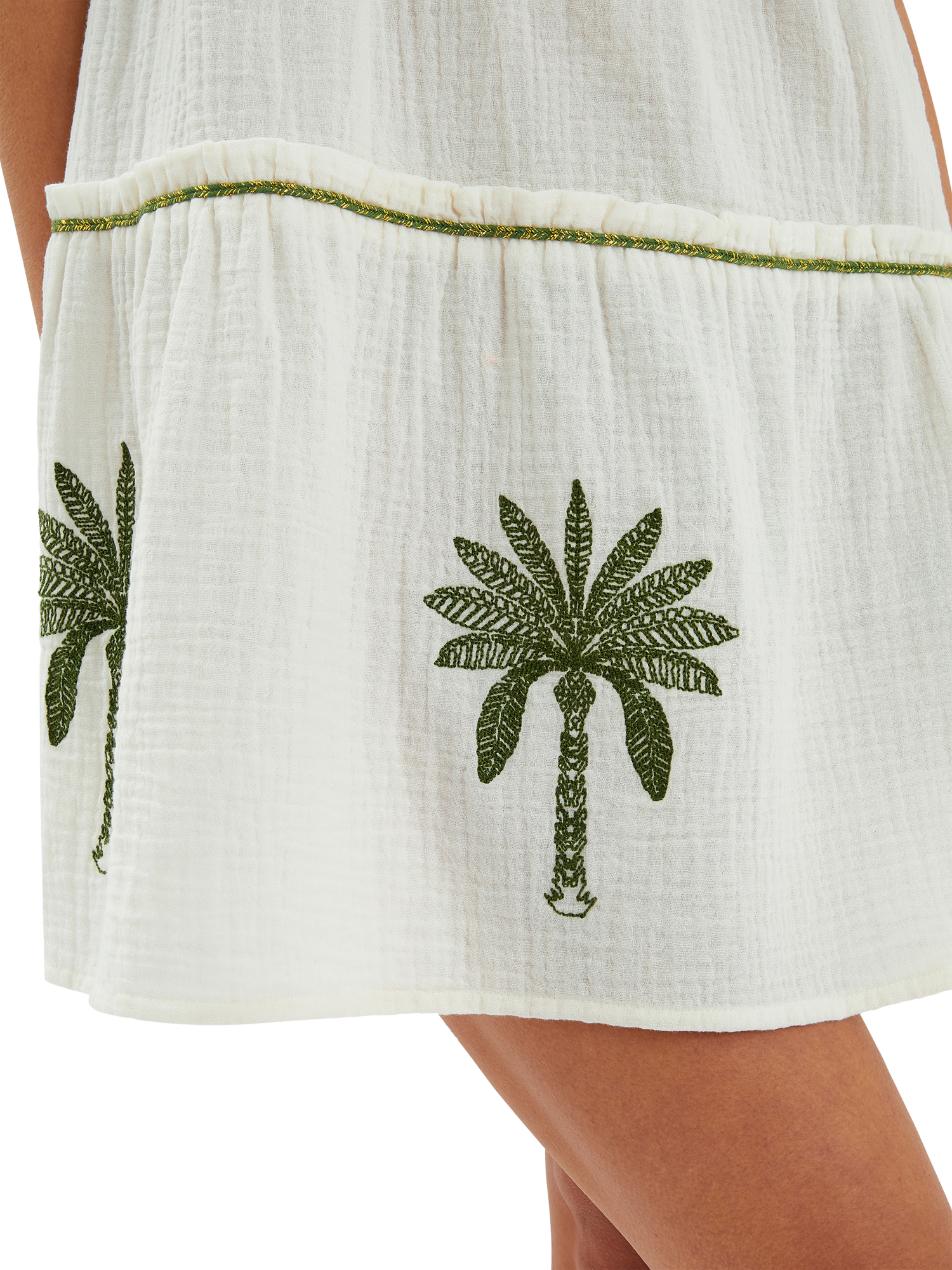 Product image 4 of 4, which shows Accessorize Cotton Tiered Embroidered Palm Tree Dress, Ivory, XS