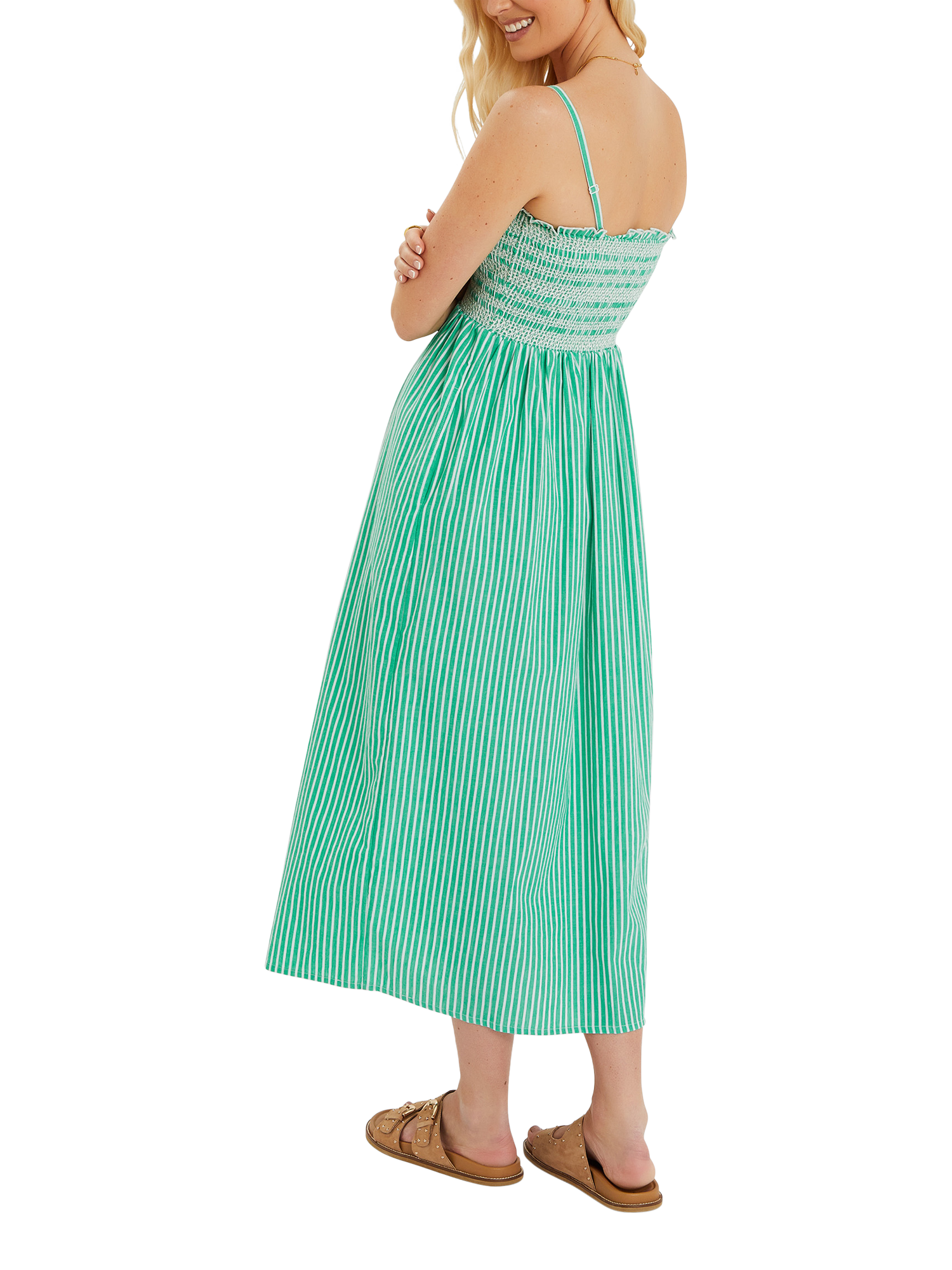 Product image 2 of 4, which shows Accessorize Palm Embroidered Stripe Midi Dress, Green, XS