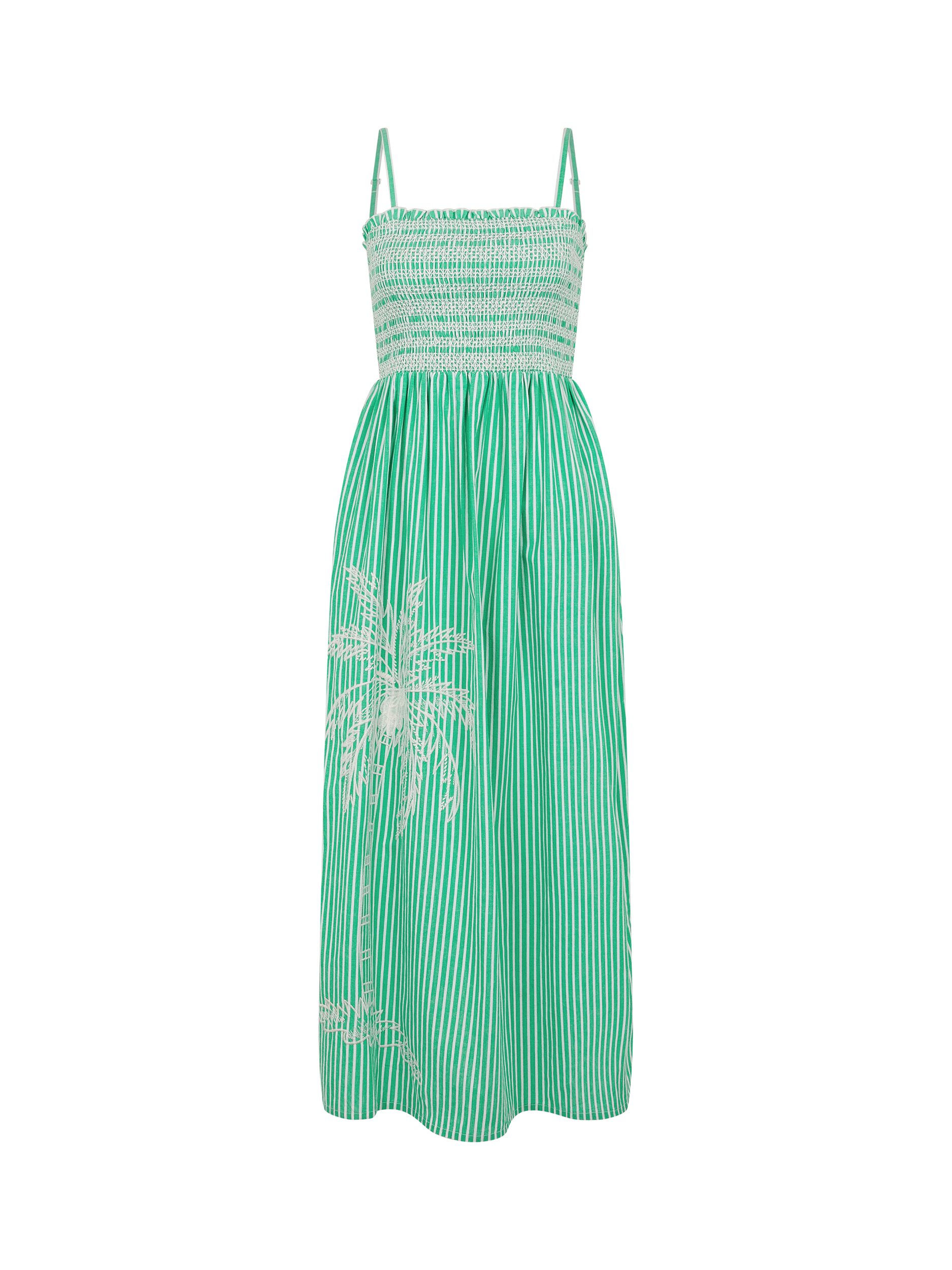 Product image 3 of 4, which shows Accessorize Palm Embroidered Stripe Midi Dress, Green, XS
