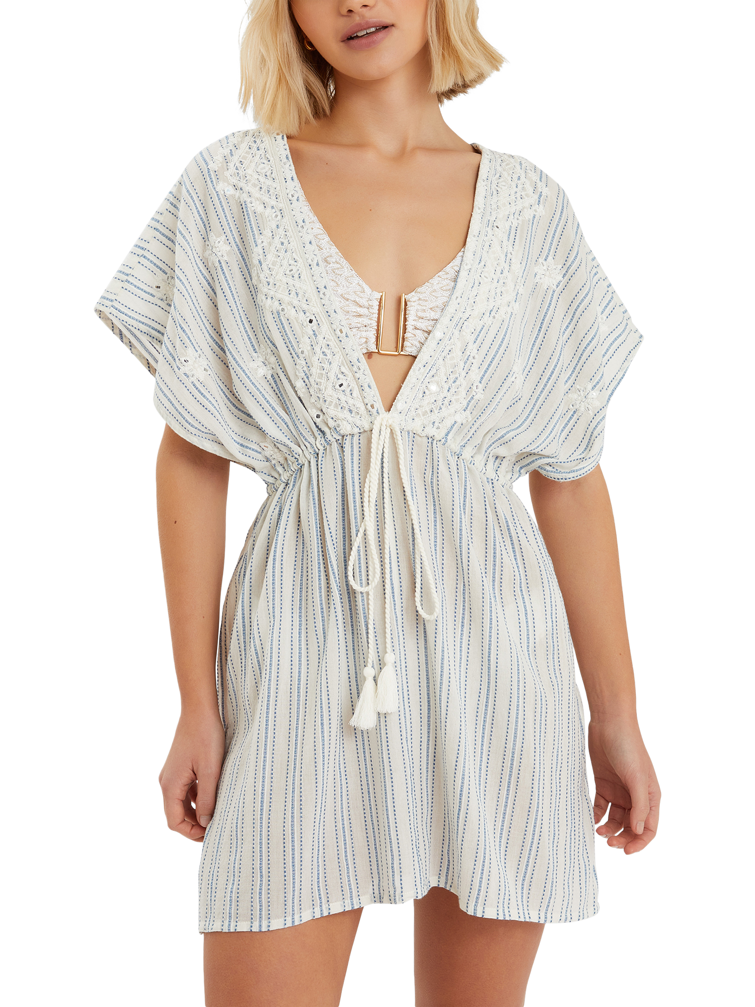 Product image 1 of 11, which shows Accessorize Embroidered Stripe Mini Kaftan, Blue/Off White, XS