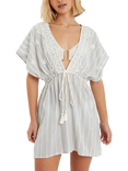 Accessorize Embroidered Stripe Mini Kaftan, Blue/Off White