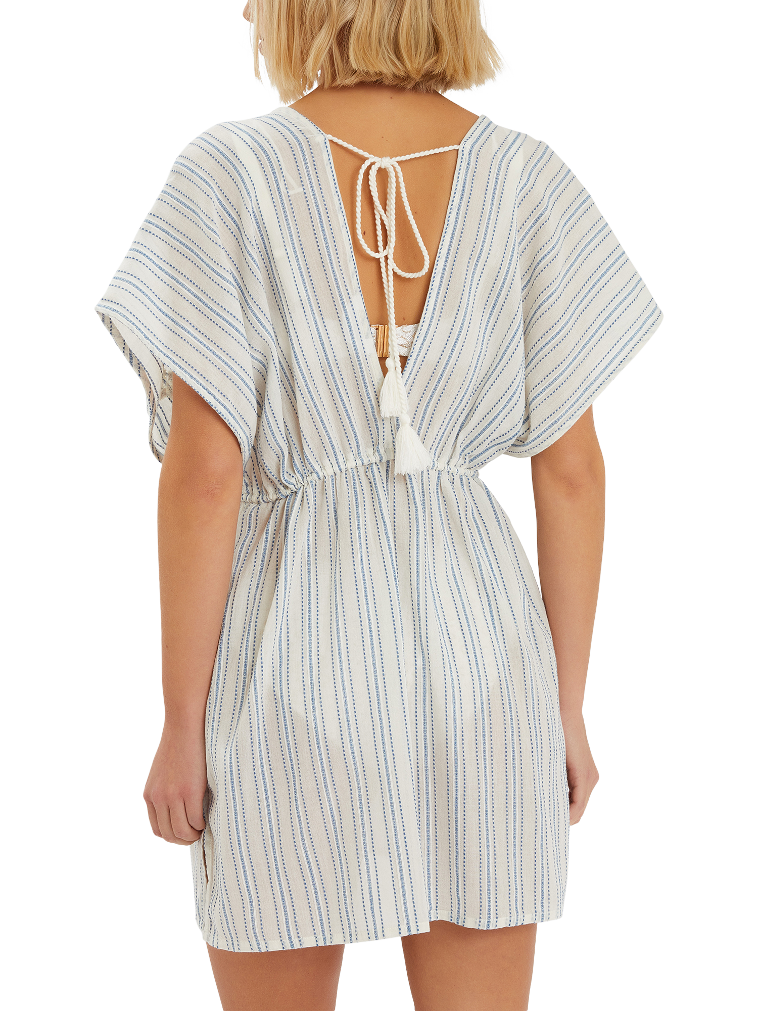 Product image 2 of 11, which shows Accessorize Embroidered Stripe Mini Kaftan, Blue/Off White, XS