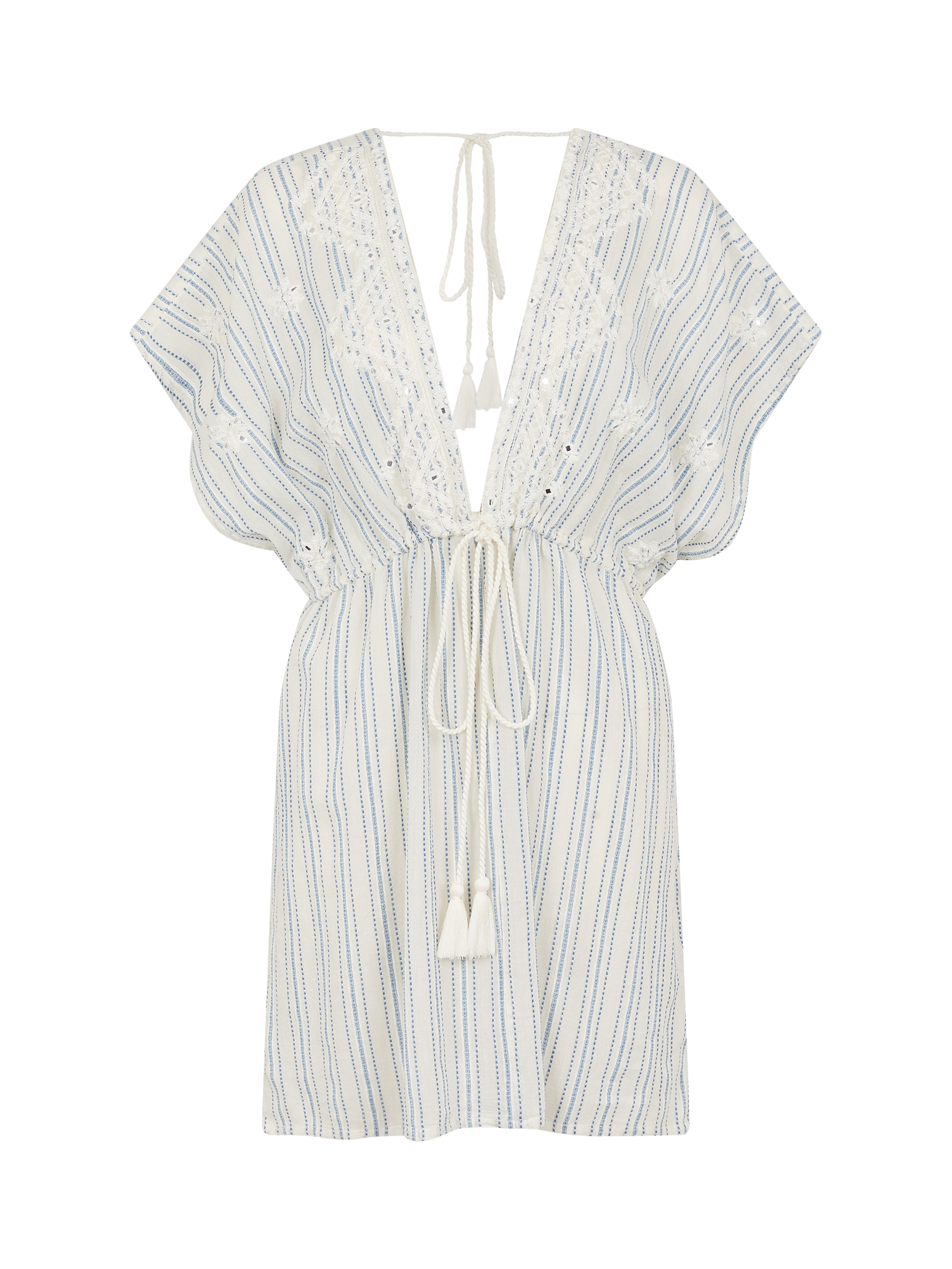 Product image 3 of 11, which shows Accessorize Embroidered Stripe Mini Kaftan, Blue/Off White, XS