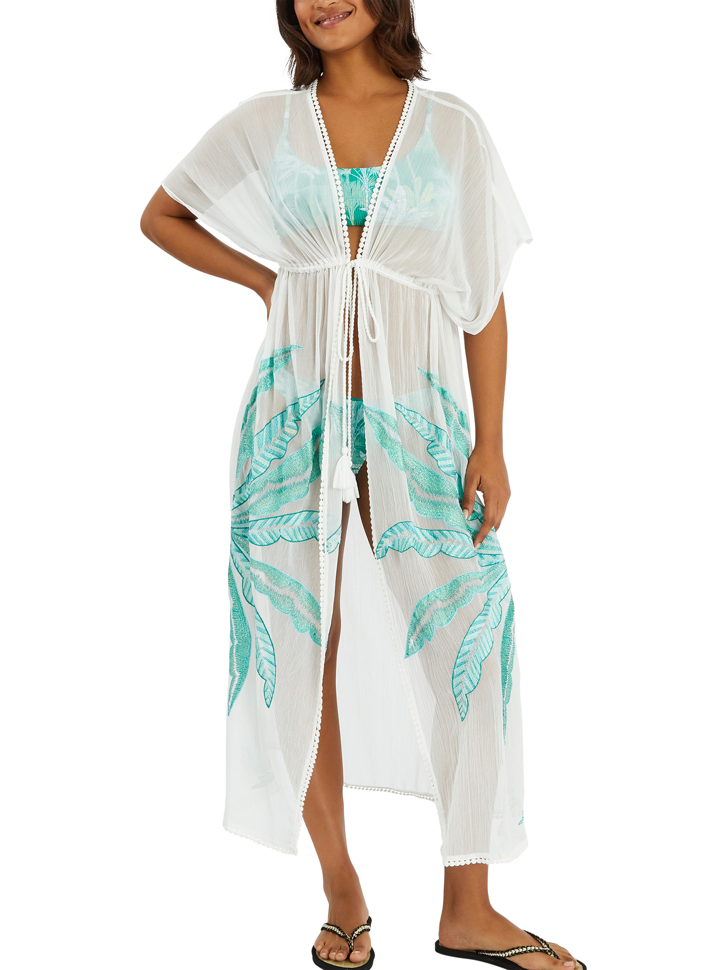 Accessorize Palm Embroidered Maxi Kaftan, Ivory/Mint