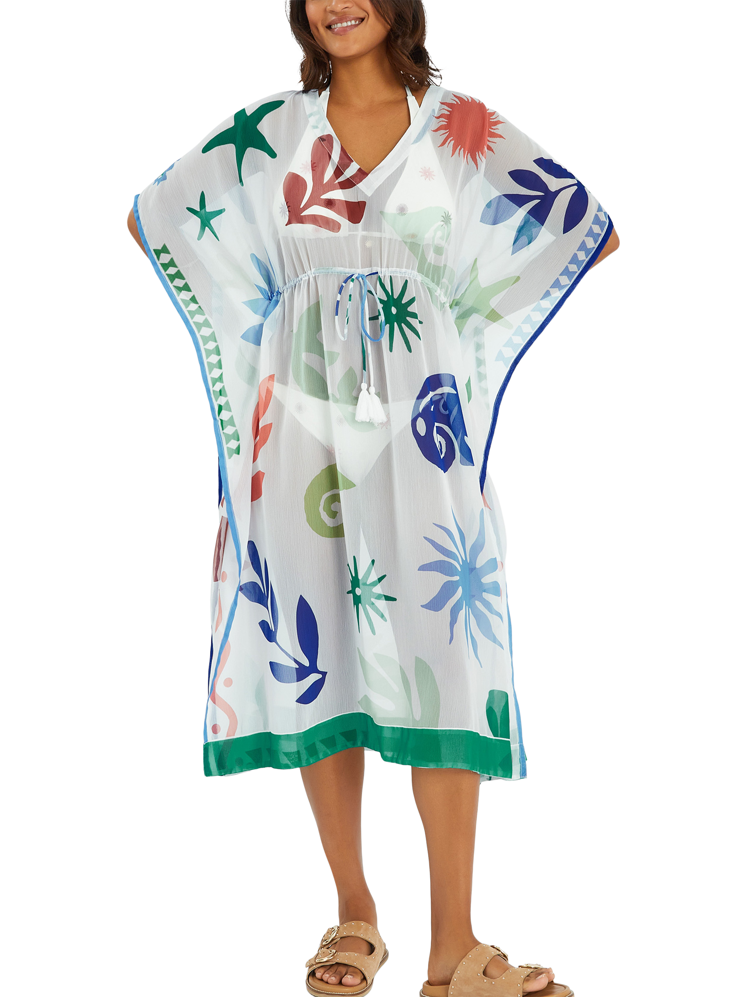 Product image 1 of 5, which shows Accessorize Summer Print Kaftan, Ivory, XS