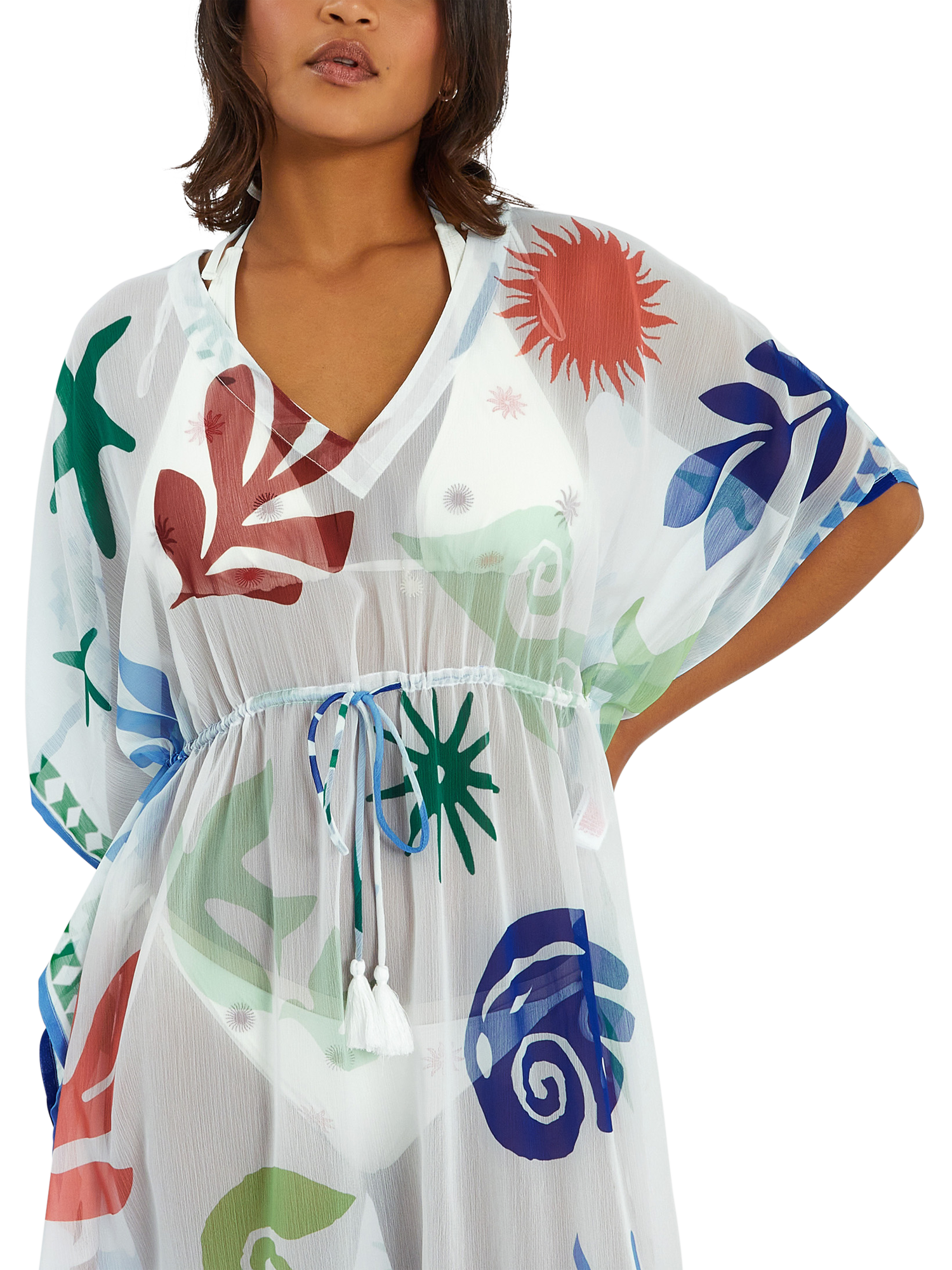 Product image 4 of 5, which shows Accessorize Summer Print Kaftan, Ivory, XS