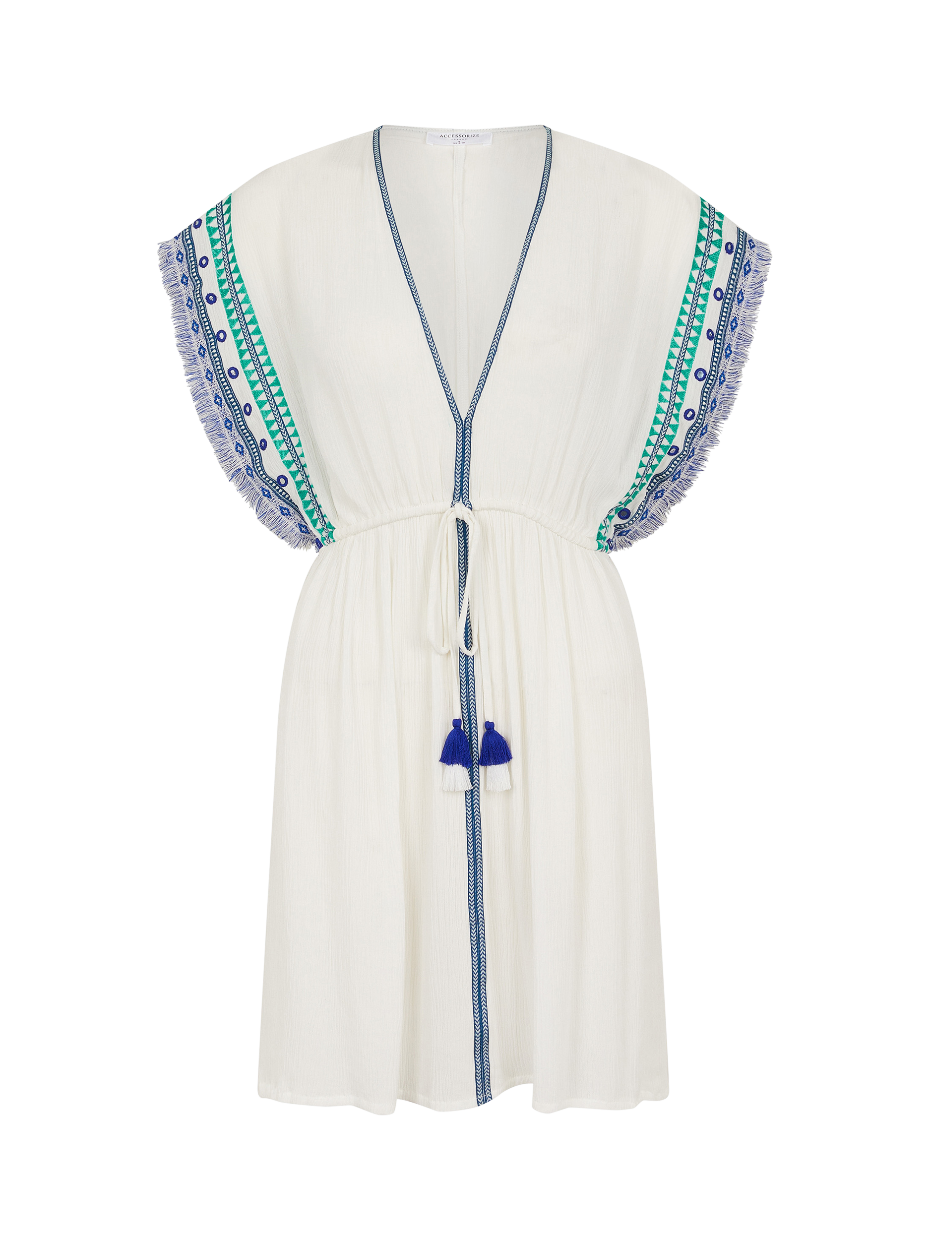 Product image 3 of 11, which shows Accessorize Embroidered Fringe Mini Kaftan, White, XL