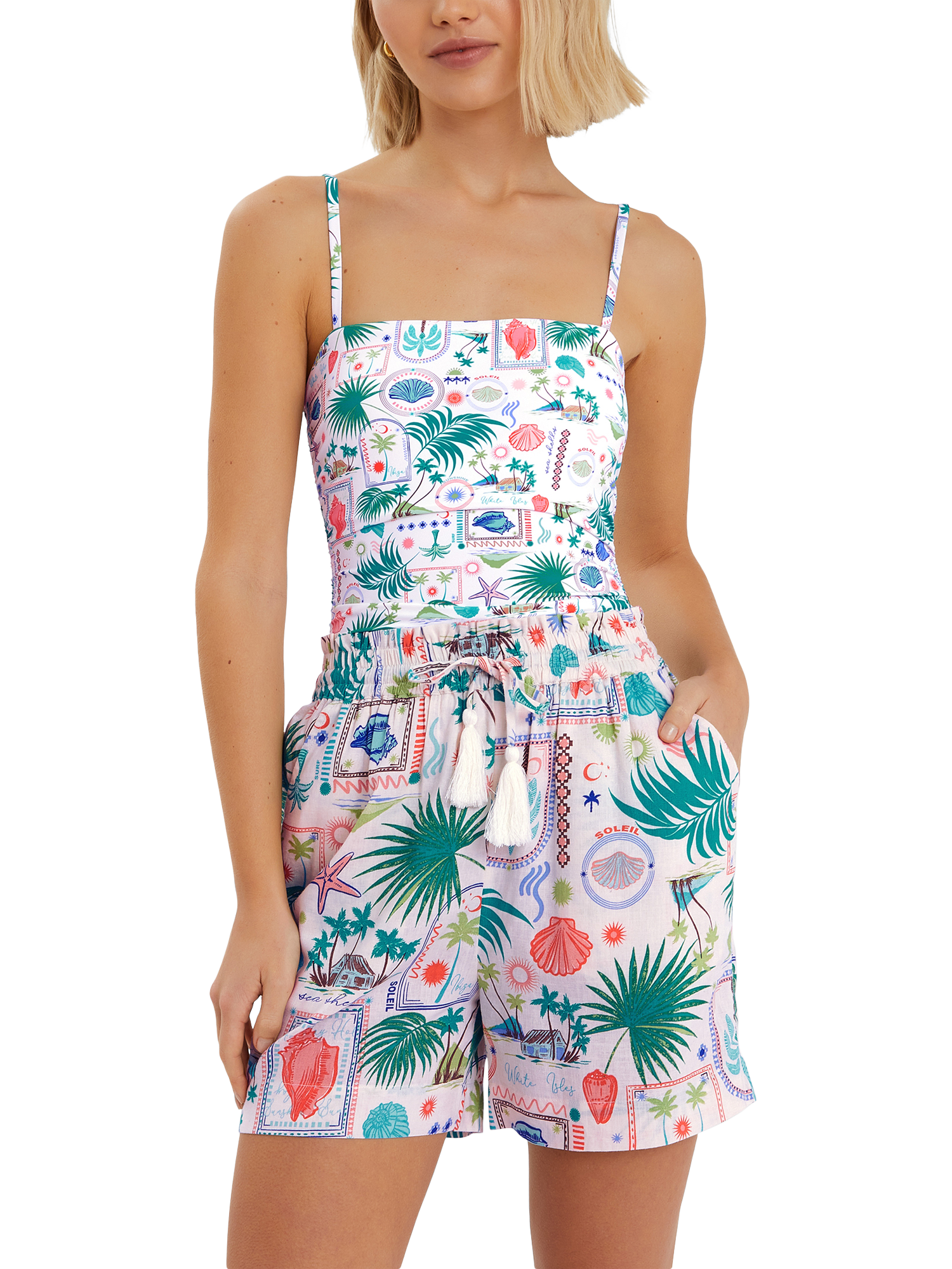 Accessorize Postcard Print Linen Blend Shorts, Ivory/Multi