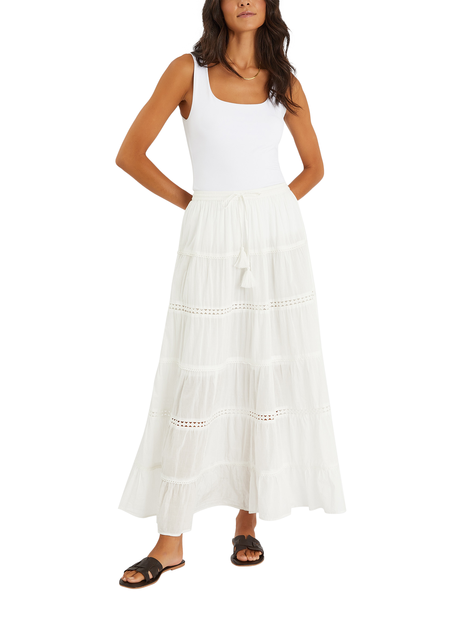 Product image 1 of 4, which shows Accessorize Tiered Maxi Skirt, White, M