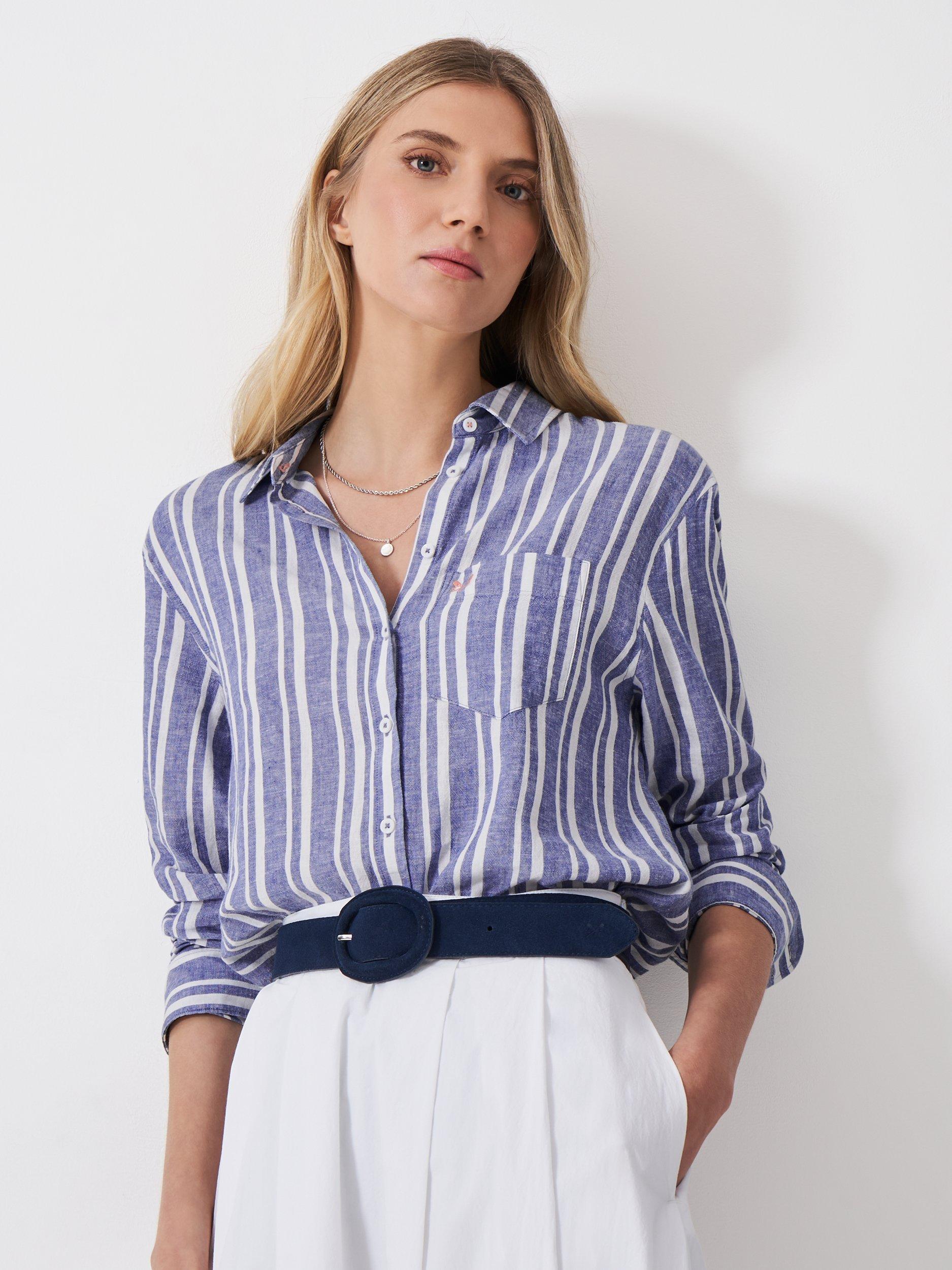 Product image 1 of 5, which shows Crew Clothing Stripe Linen Rich Shirt, Blue/White, 6