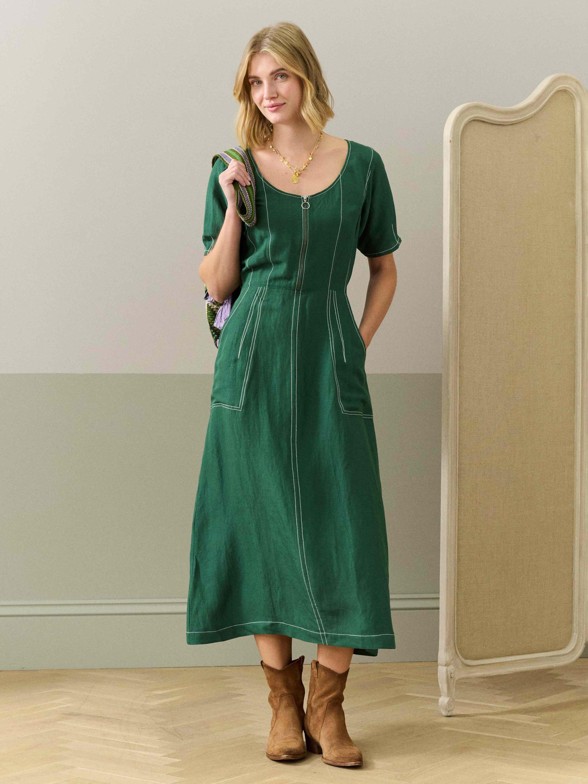 Brora Linen Blend Top Stitch Utility Midi Shirt Dress