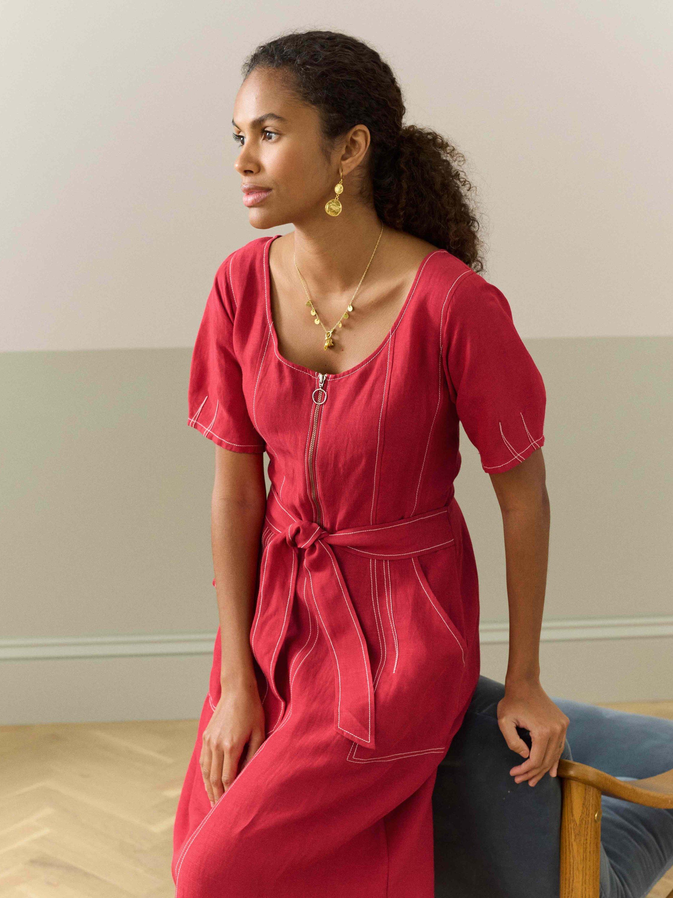Product image 1 of 5, which shows Brora Linen Blend Top Stitch Utility Midi Shirt Dress, Mid Red, 8