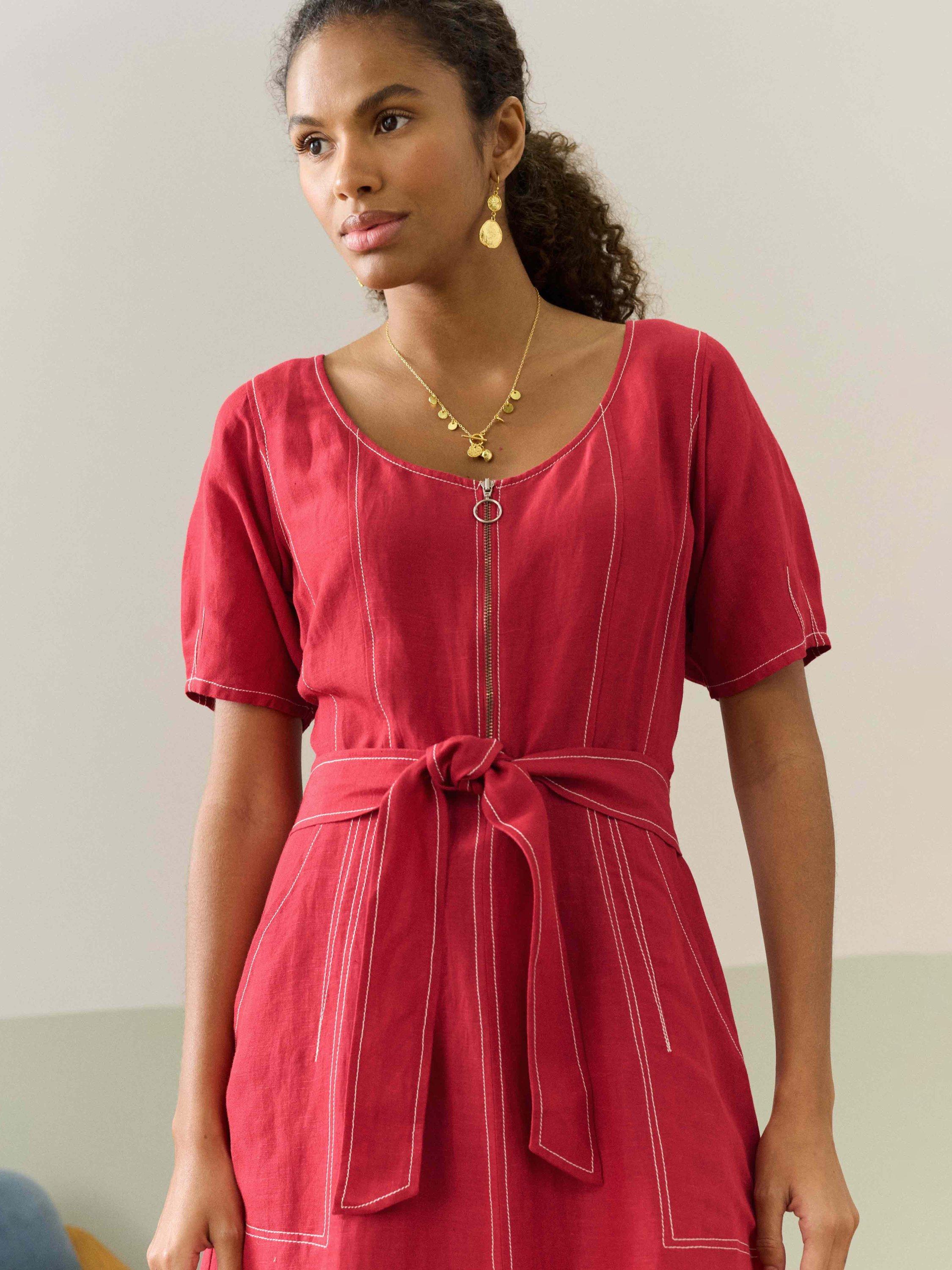 Product image 2 of 5, which shows Brora Linen Blend Top Stitch Utility Midi Shirt Dress, Mid Red, 8
