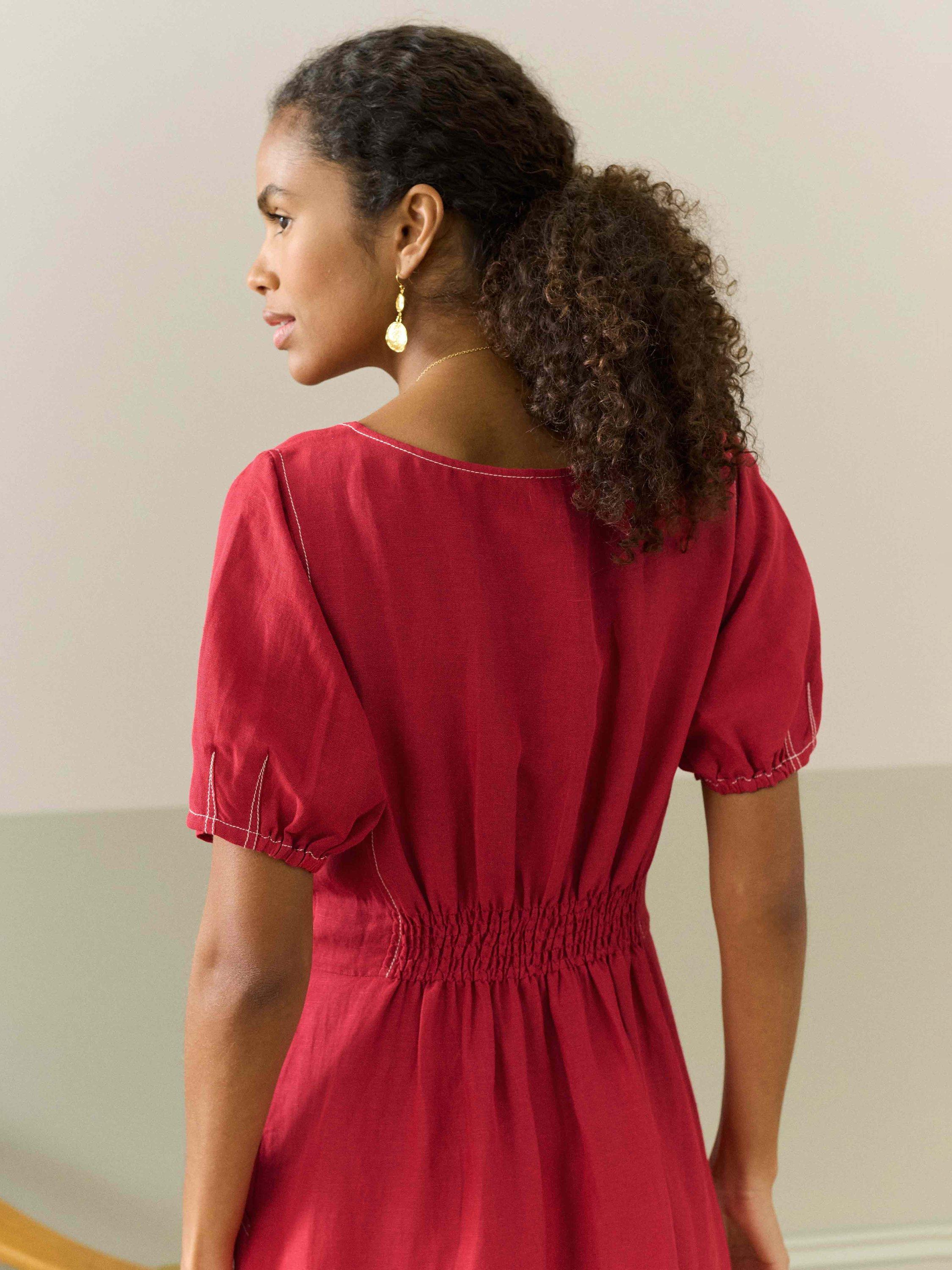 Product image 3 of 5, which shows Brora Linen Blend Top Stitch Utility Midi Shirt Dress, Mid Red, 8