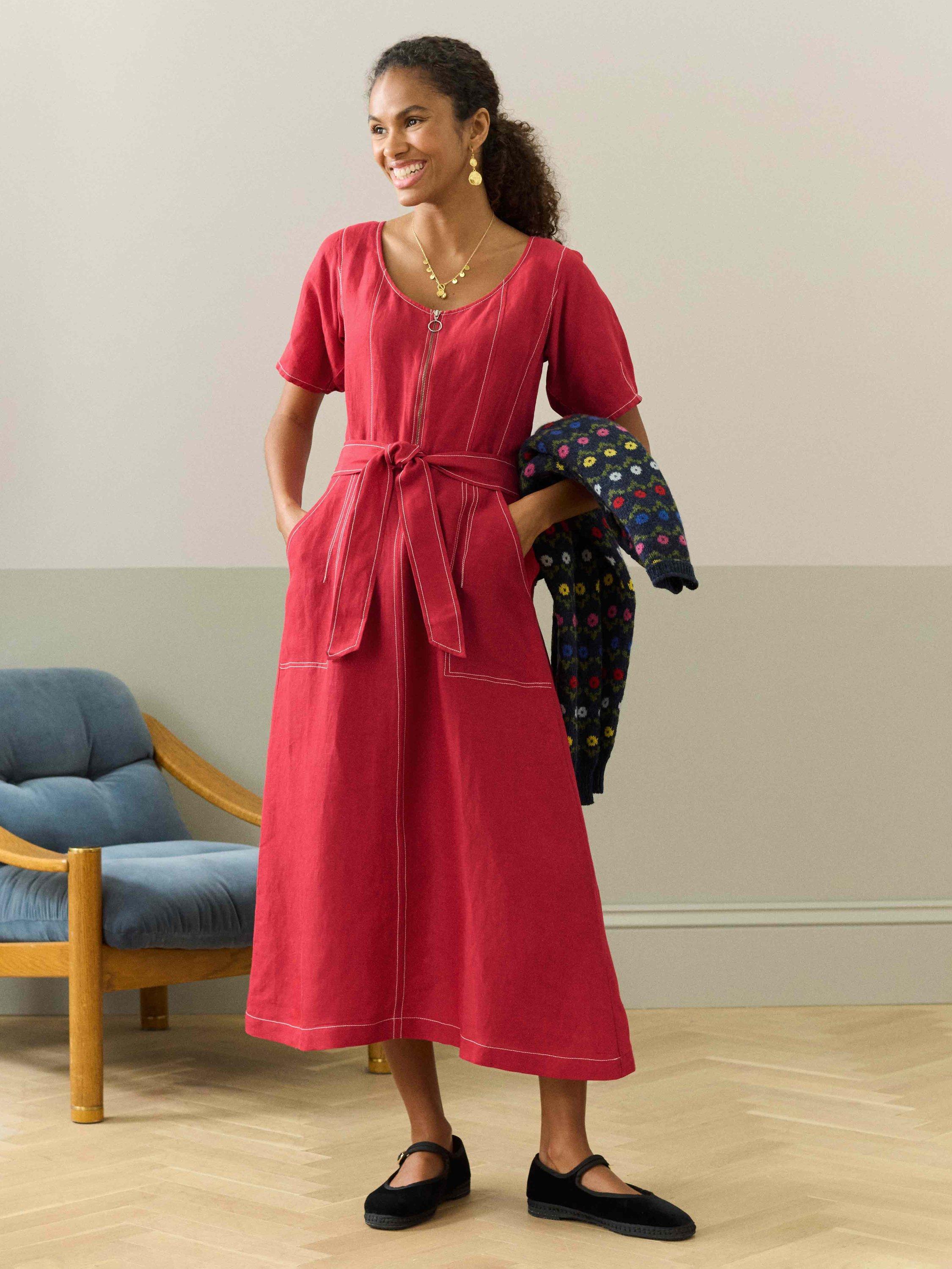 Product image 4 of 5, which shows Brora Linen Blend Top Stitch Utility Midi Shirt Dress, Mid Red, 8