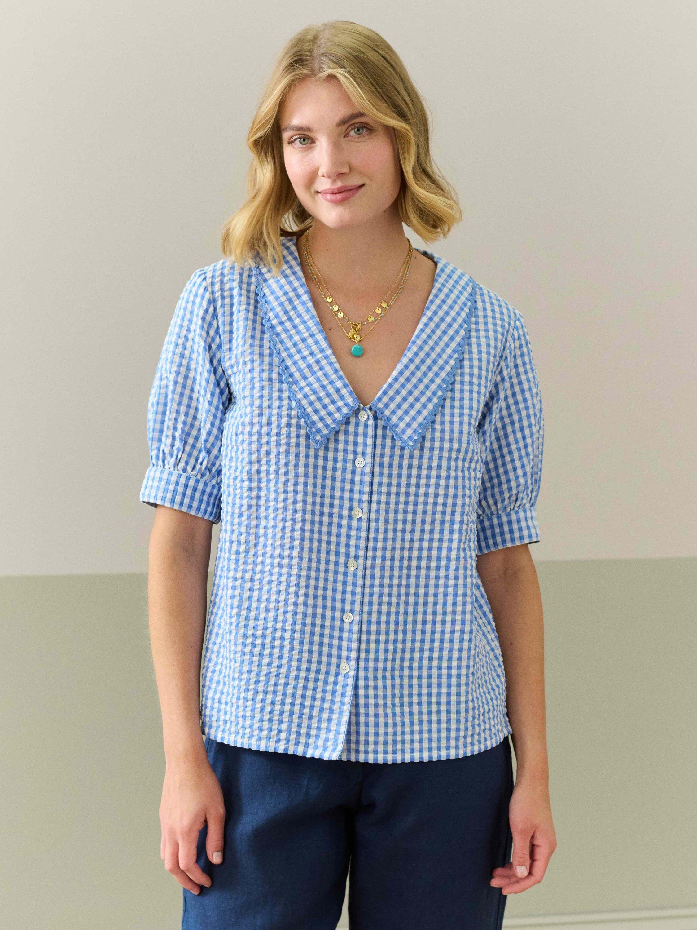 Product image 1 of 5, which shows Brora Gingham Ric Rac Shirt, Blue/Multi, 12