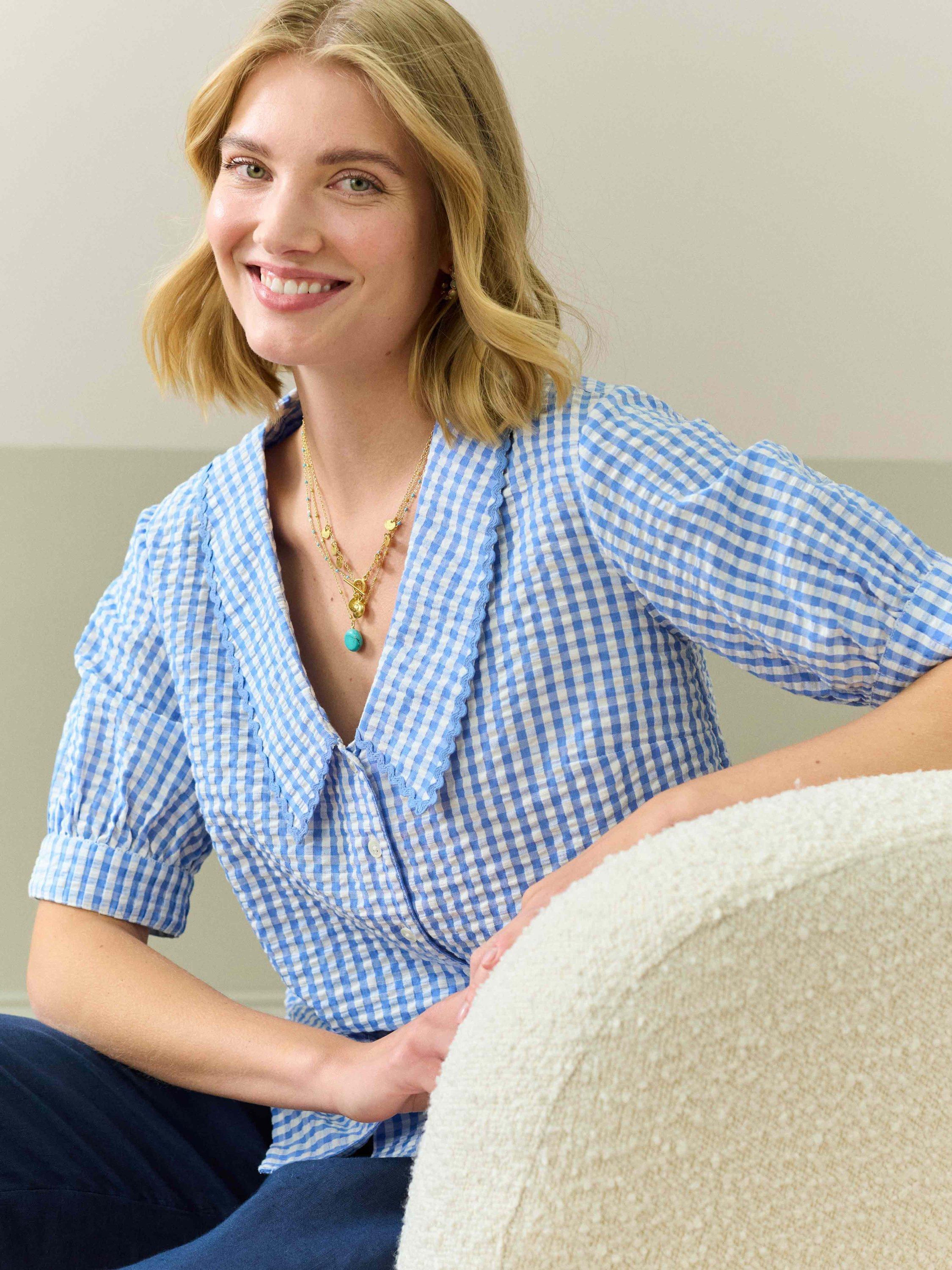 Product image 2 of 5, which shows Brora Gingham Ric Rac Shirt, Blue/Multi, 12
