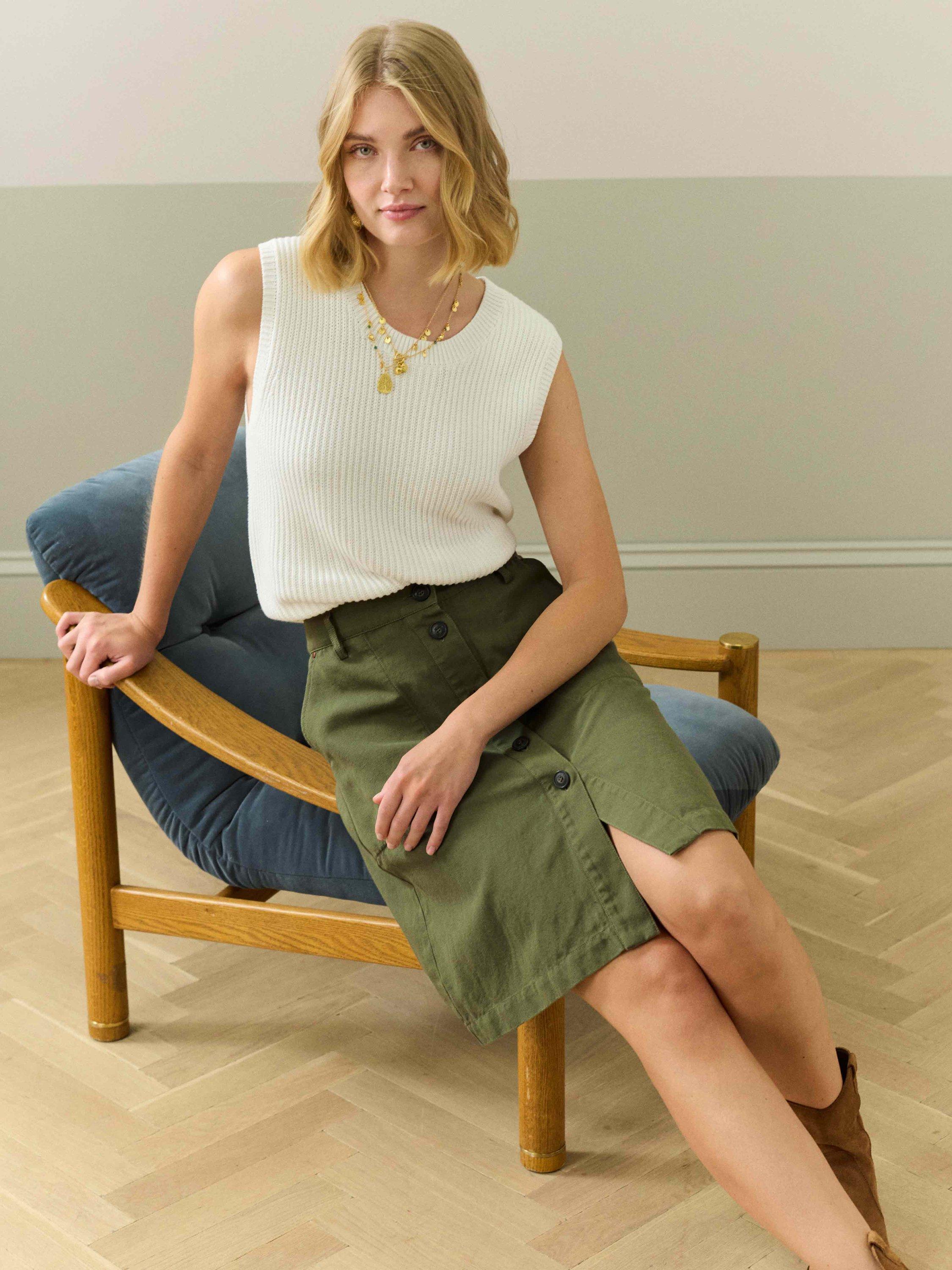 Brora Cotton Linen Utility Mini Skirt, Mid Green