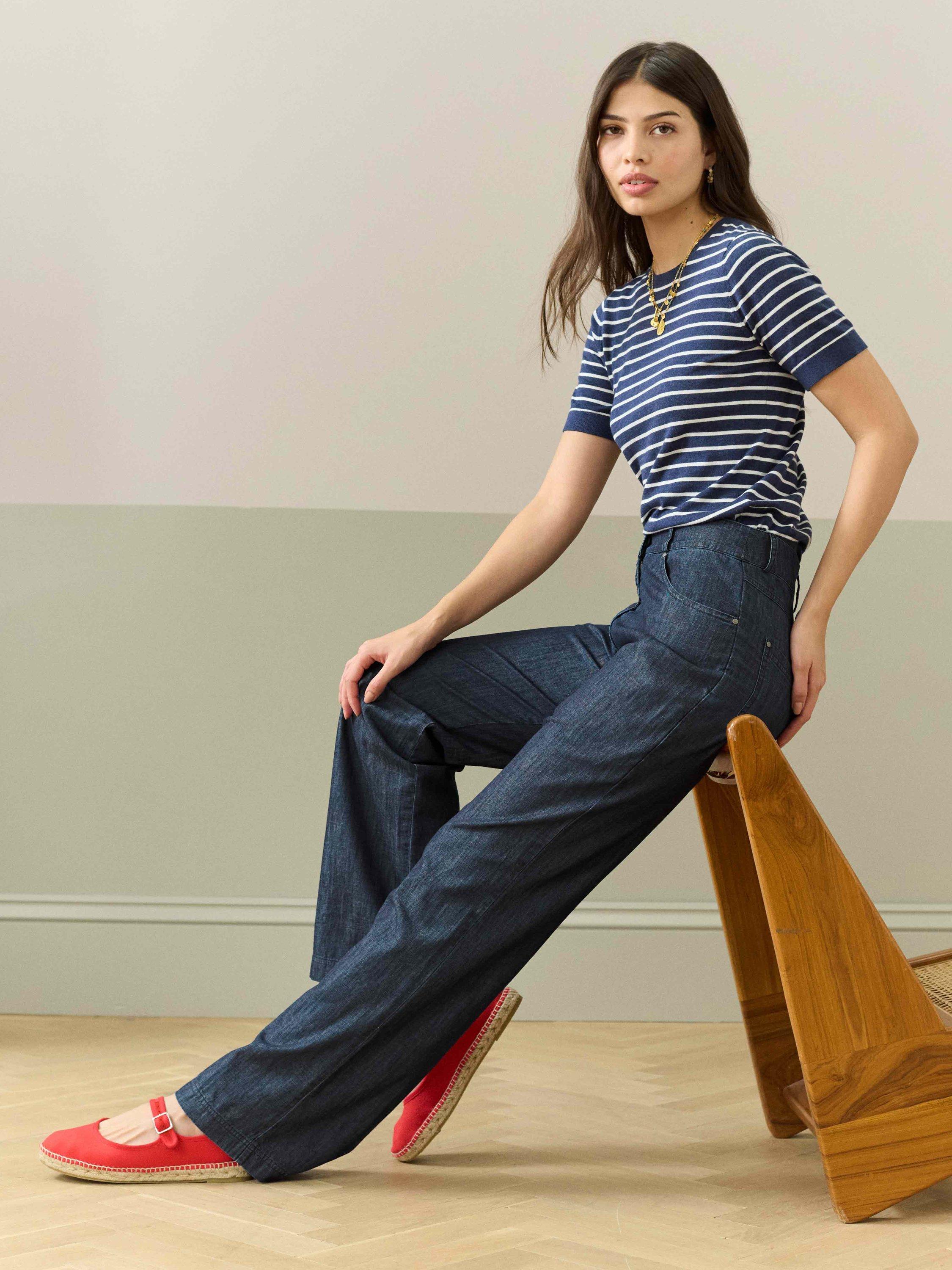 Brora Wide Leg Pure Organic Cotton Trousers, Blue