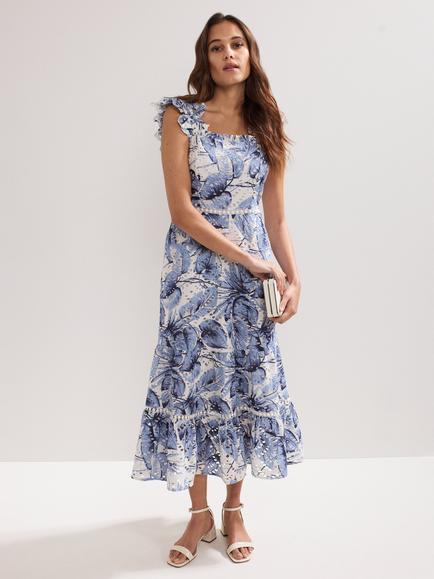 Phase Eight Genieve Floral Broderie Anglaise Midi Dress, Blue/Multi, Blue/Multi