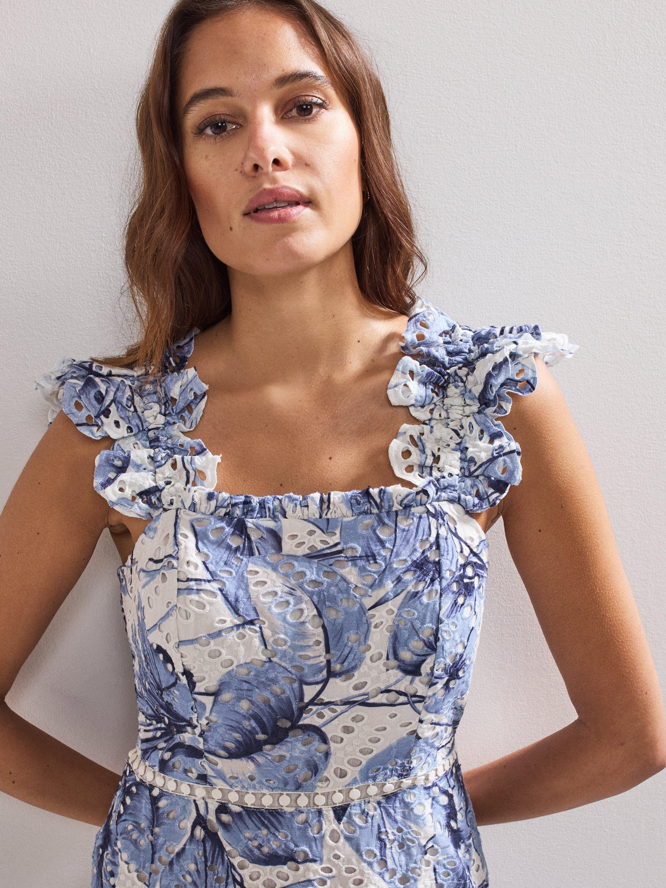 Product image 4 of 9, which shows Phase Eight Genieve Floral Broderie Anglaise Midi Dress, Blue/Multi, 6