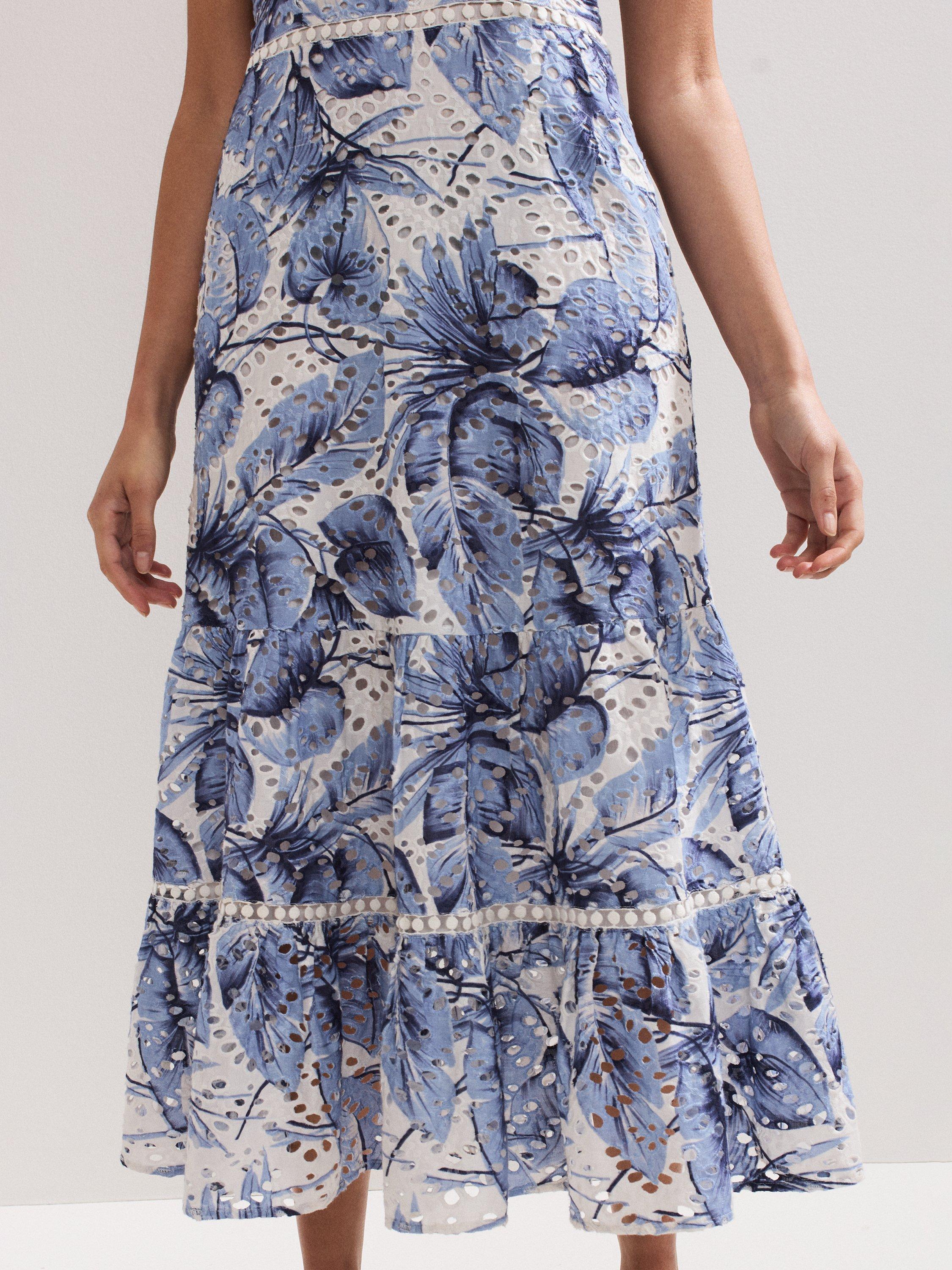 Product image 9 of 9, which shows Phase Eight Genieve Floral Broderie Anglaise Midi Dress, Blue/Multi, 6
