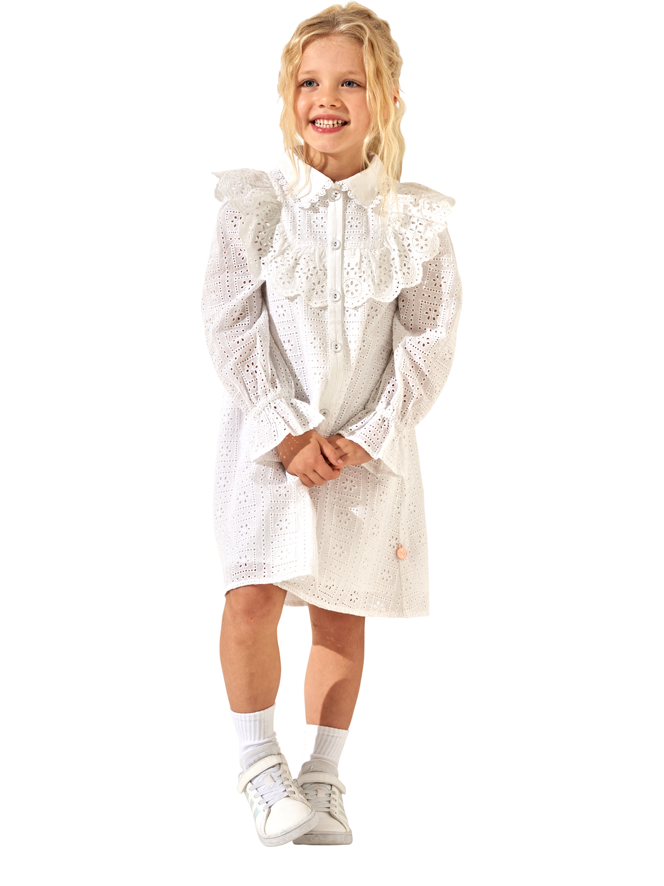 Product image 1 of 6, which shows Angel & Rocket Kids' Broderie Long Sleeve Shirt Dress, White, 3 years