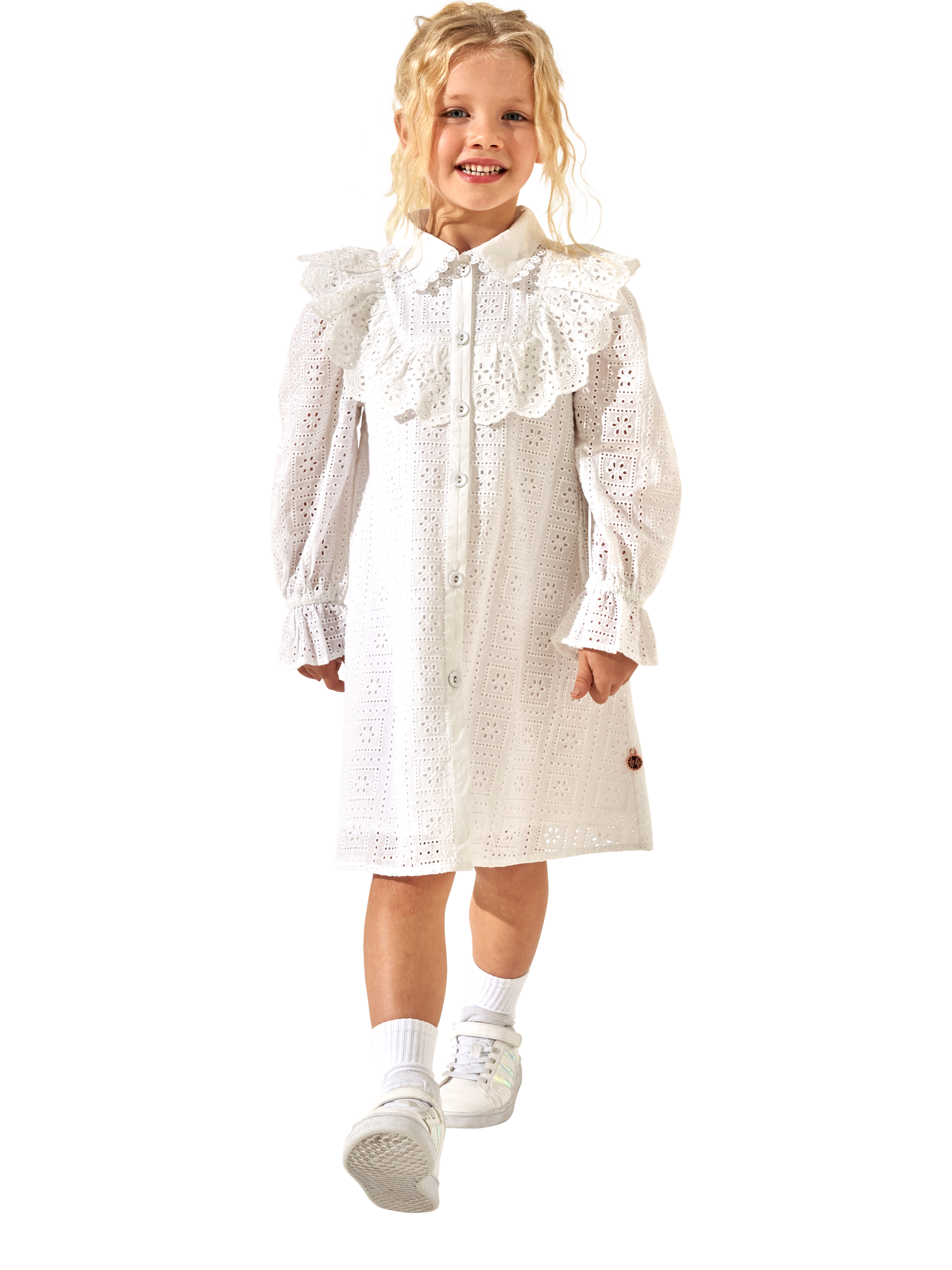 Product image 2 of 6, which shows Angel & Rocket Kids' Broderie Long Sleeve Shirt Dress, White, 3 years