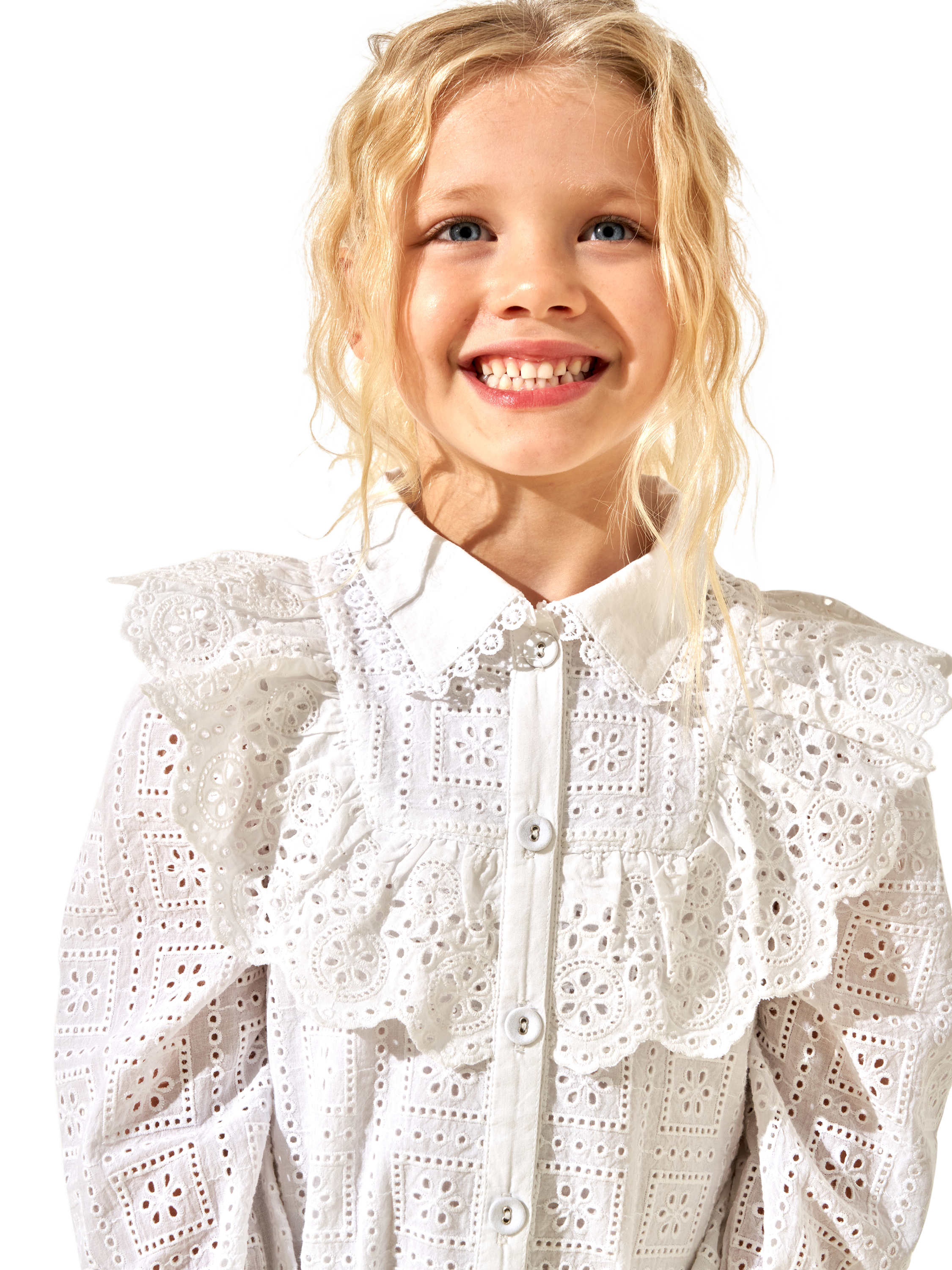 Product image 3 of 6, which shows Angel & Rocket Kids' Broderie Long Sleeve Shirt Dress, White, 3 years