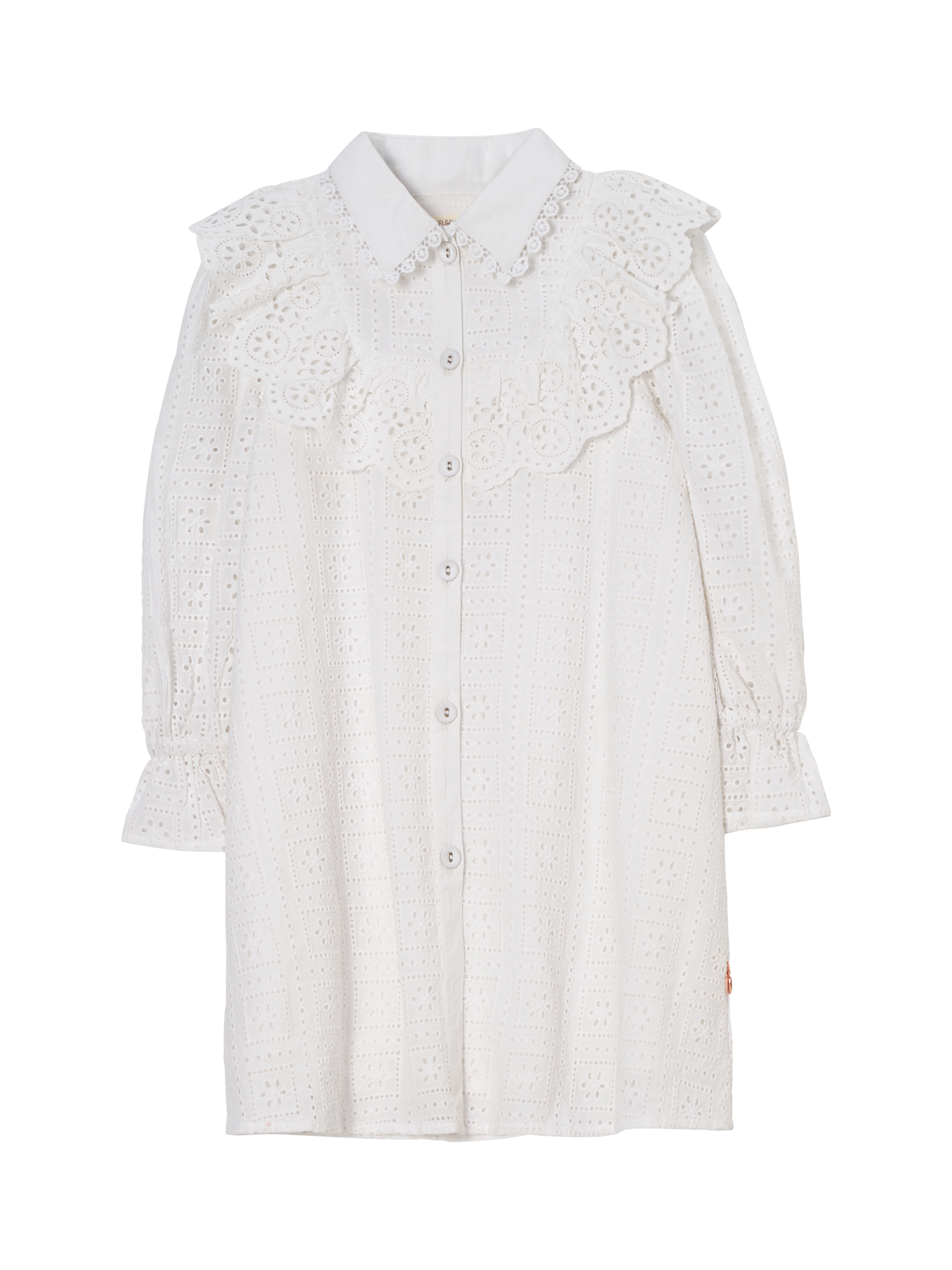 Product image 4 of 6, which shows Angel & Rocket Kids' Broderie Long Sleeve Shirt Dress, White, 3 years