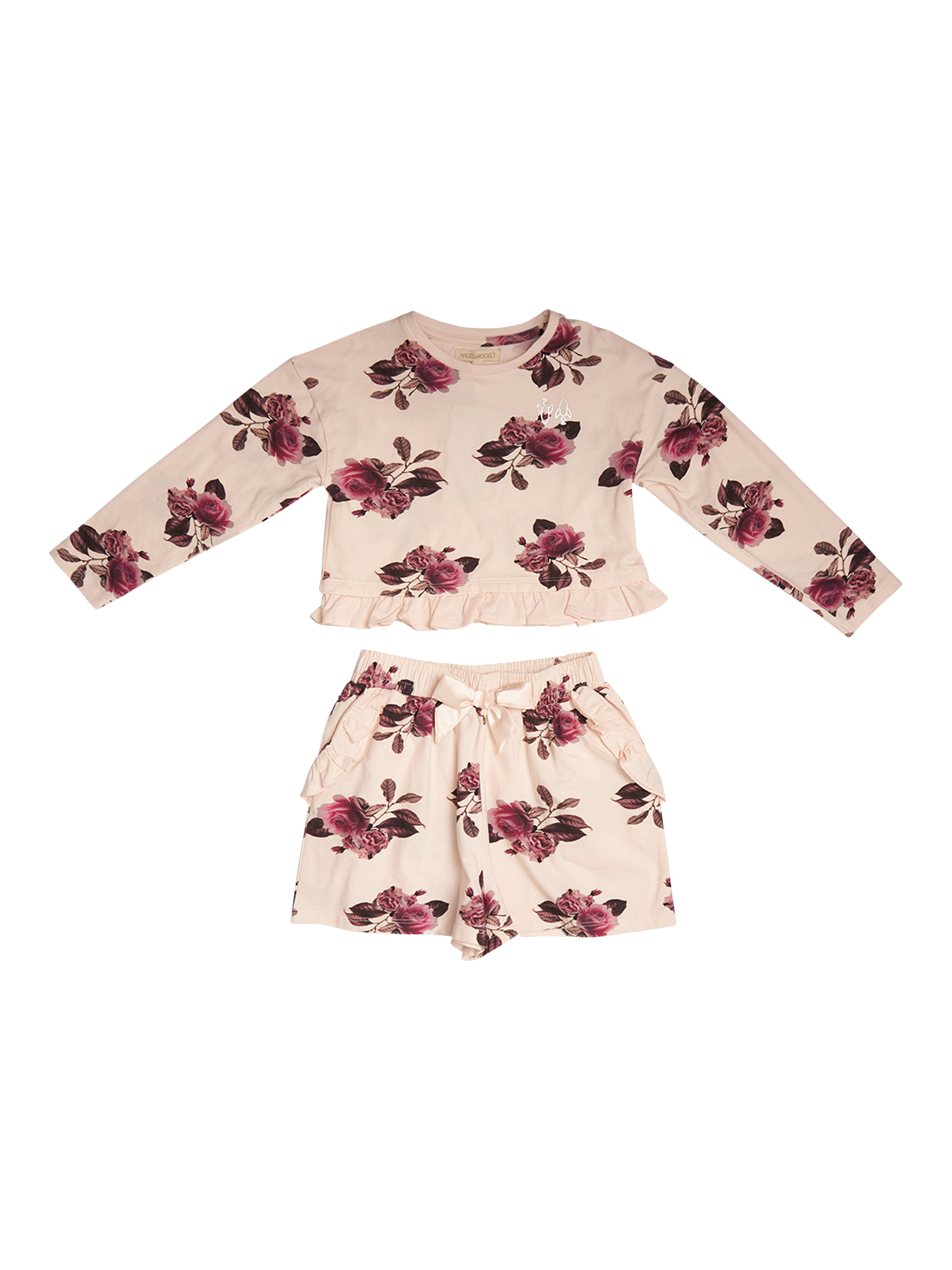 Product image 1 of 3, which shows Angel & Rocket Kids' Cotton Floral Shortie Pyjama Set, Pink/Multi, 2 years
