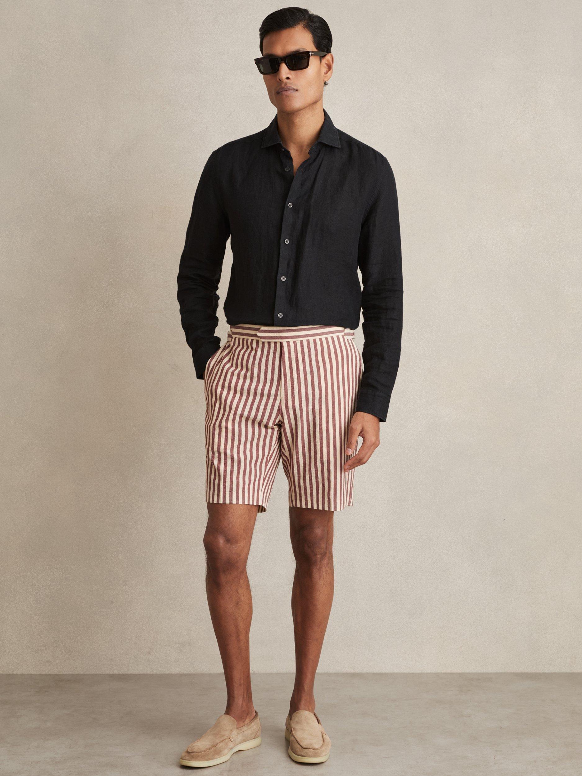 Product image 1 of 5, which shows Reiss Roas Striped Cotton Shorts, Off White/Mocha, 28R