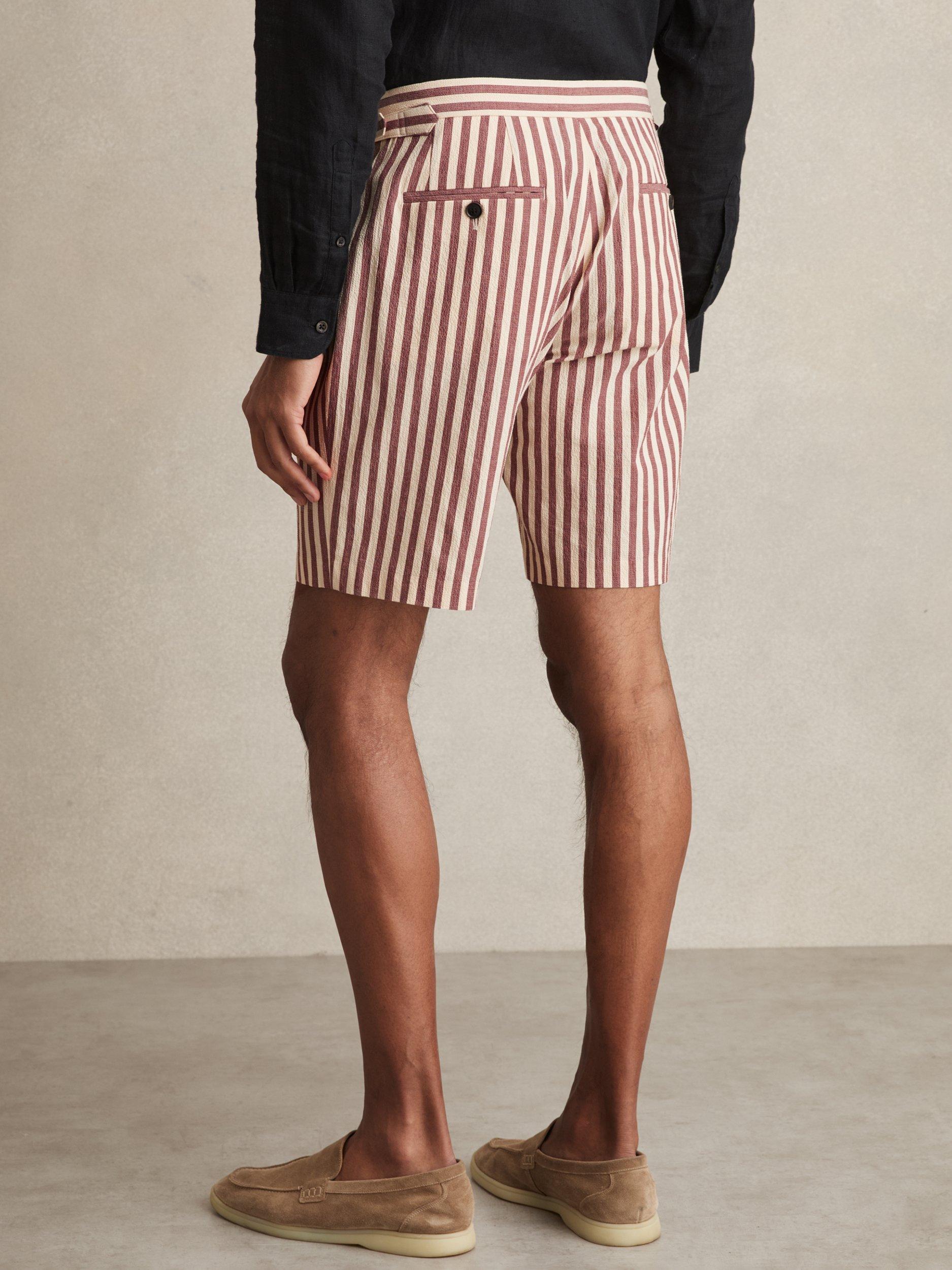 Product image 2 of 5, which shows Reiss Roas Striped Cotton Shorts, Off White/Mocha, 28R