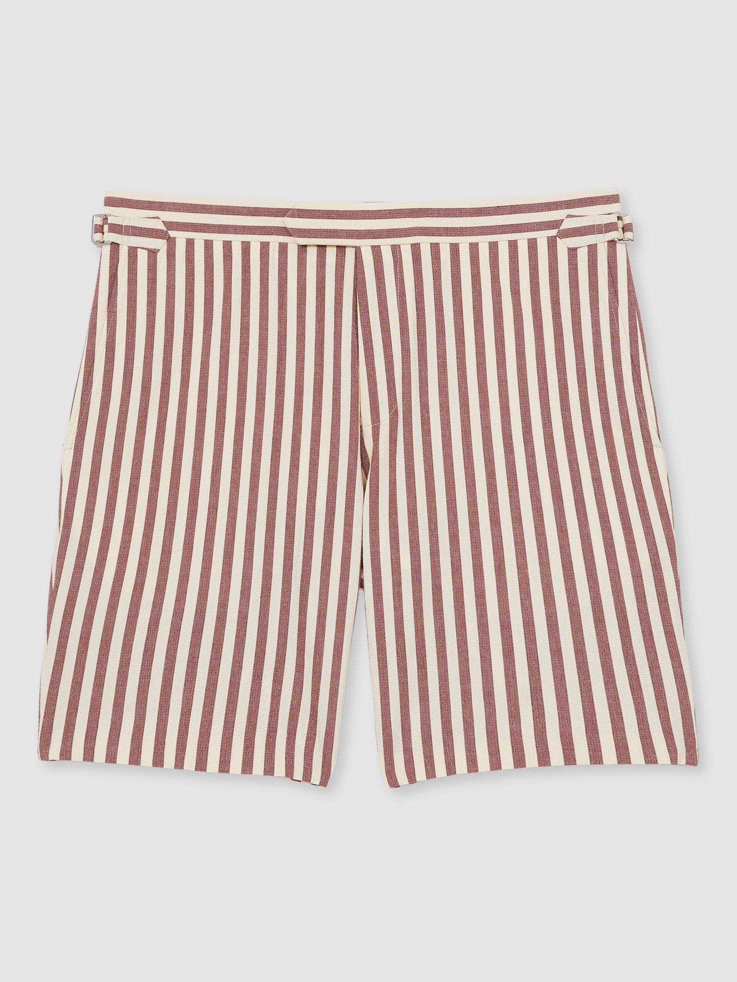 Product image 3 of 5, which shows Reiss Roas Striped Cotton Shorts, Off White/Mocha, 28R