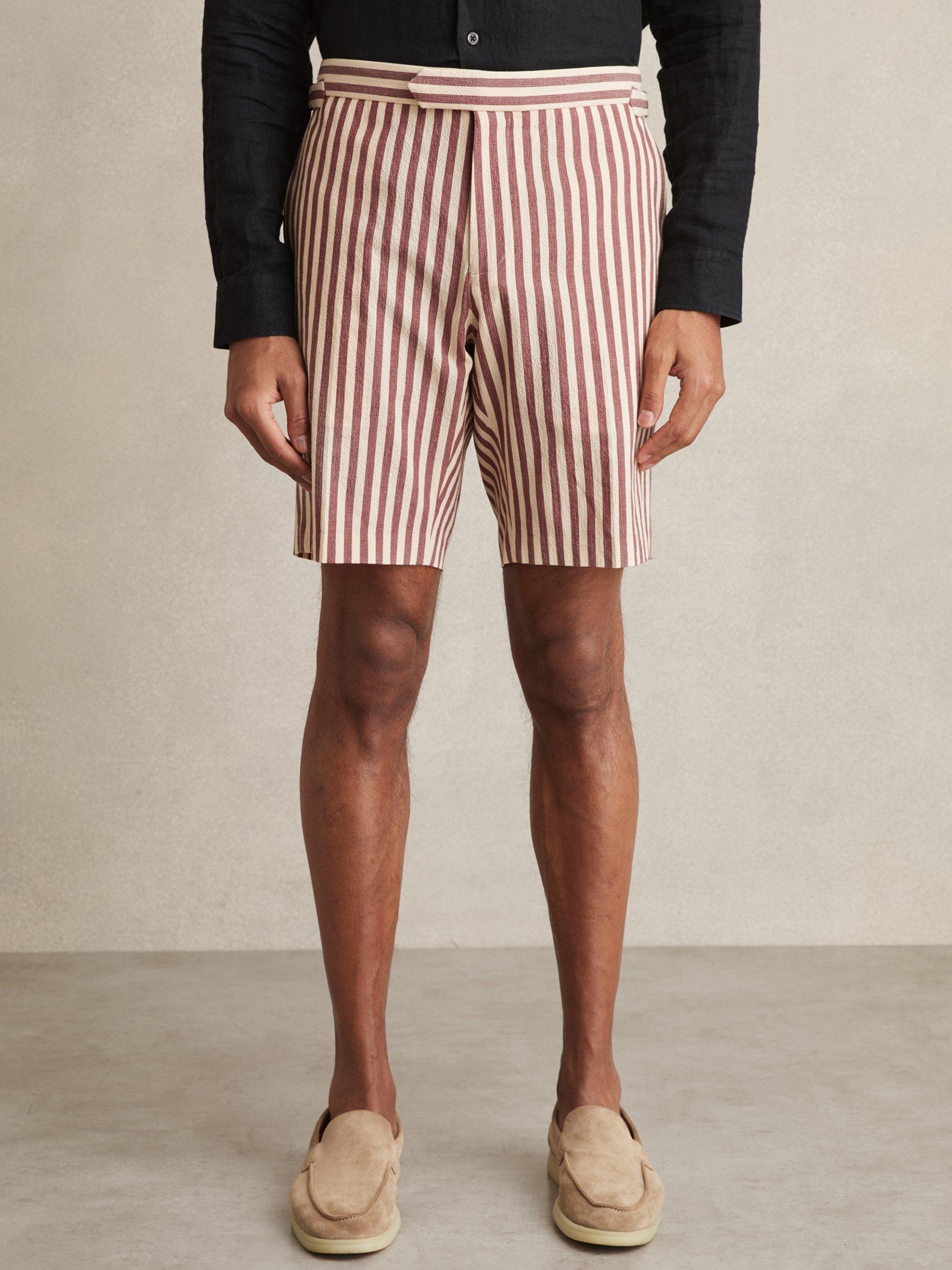 Product image 4 of 5, which shows Reiss Roas Striped Cotton Shorts, Off White/Mocha, 28R