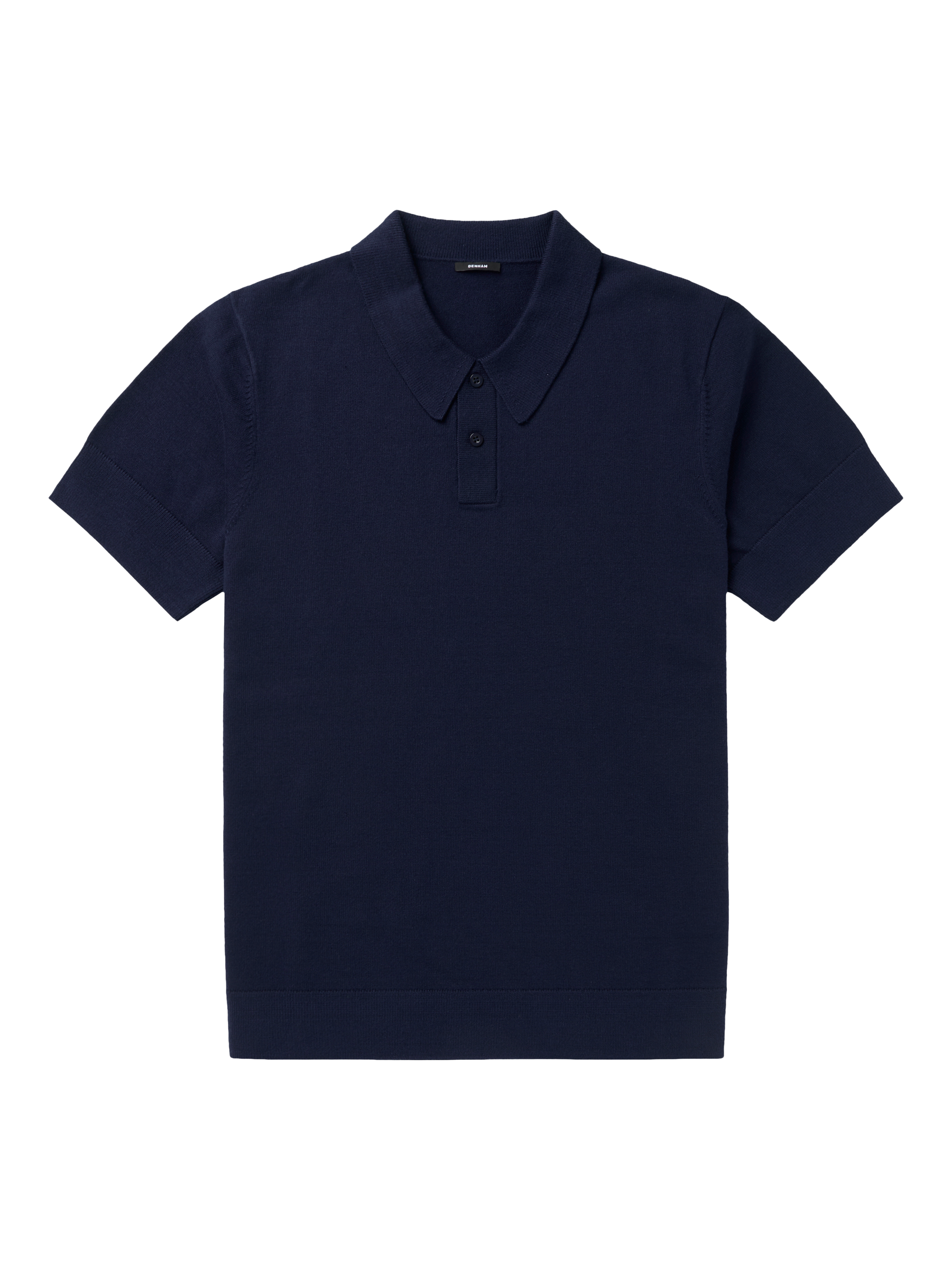 Product image 1 of 4, which shows DENHAM Eaton Regular Fit Short Sleeve Knitted Polo Shirt, Navy Blue, S