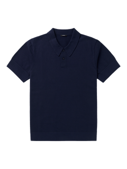 DENHAM Eaton Regular Fit Short Sleeve Knitted Polo Shirt, Navy Blue, Navy Blue