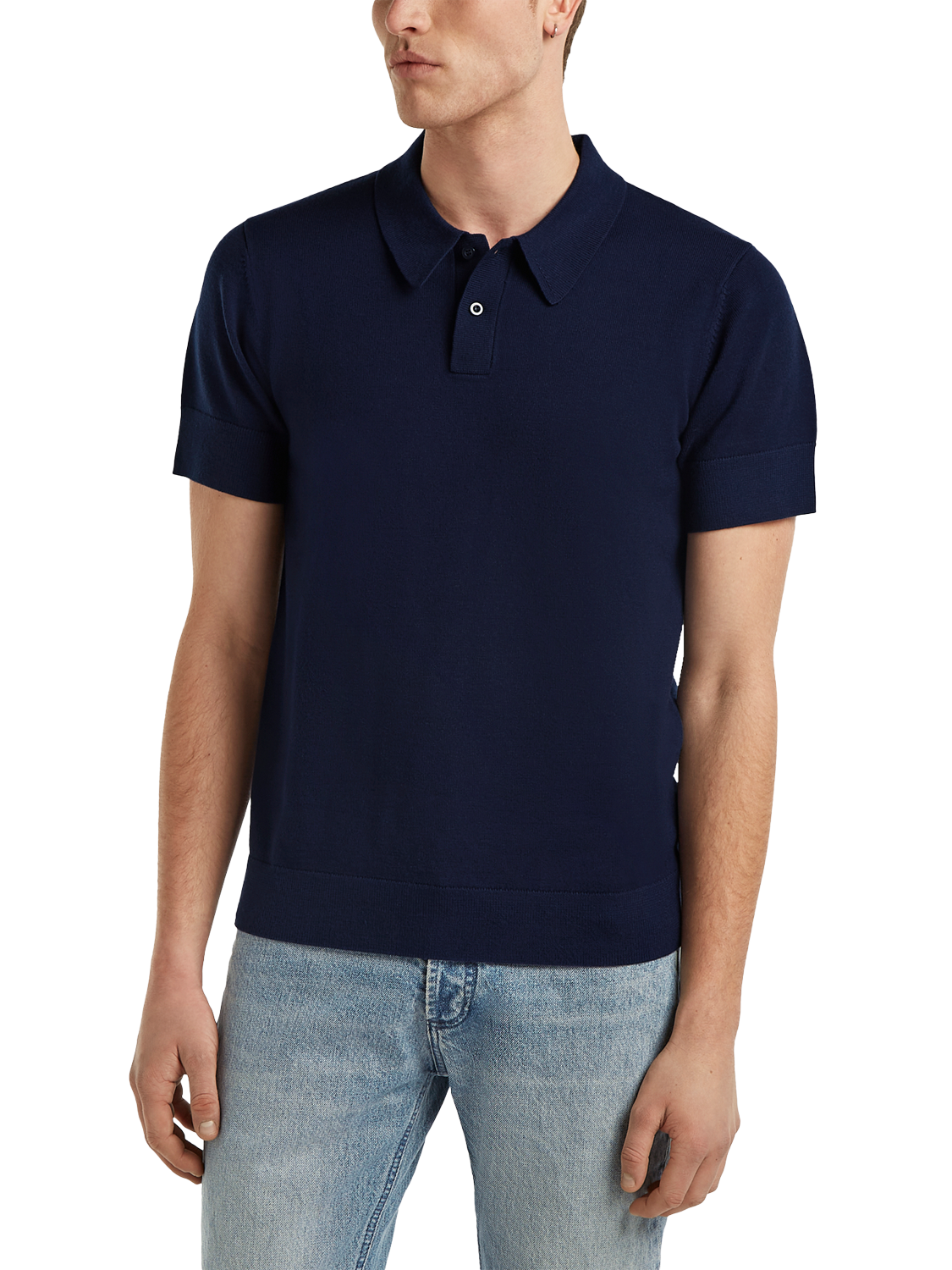 Product image 2 of 4, which shows DENHAM Eaton Regular Fit Short Sleeve Knitted Polo Shirt, Navy Blue, S