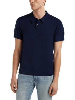 DENHAM Eaton Regular Fit Short Sleeve Knitted Polo Shirt, Navy Blue - view 2, Navy Blue