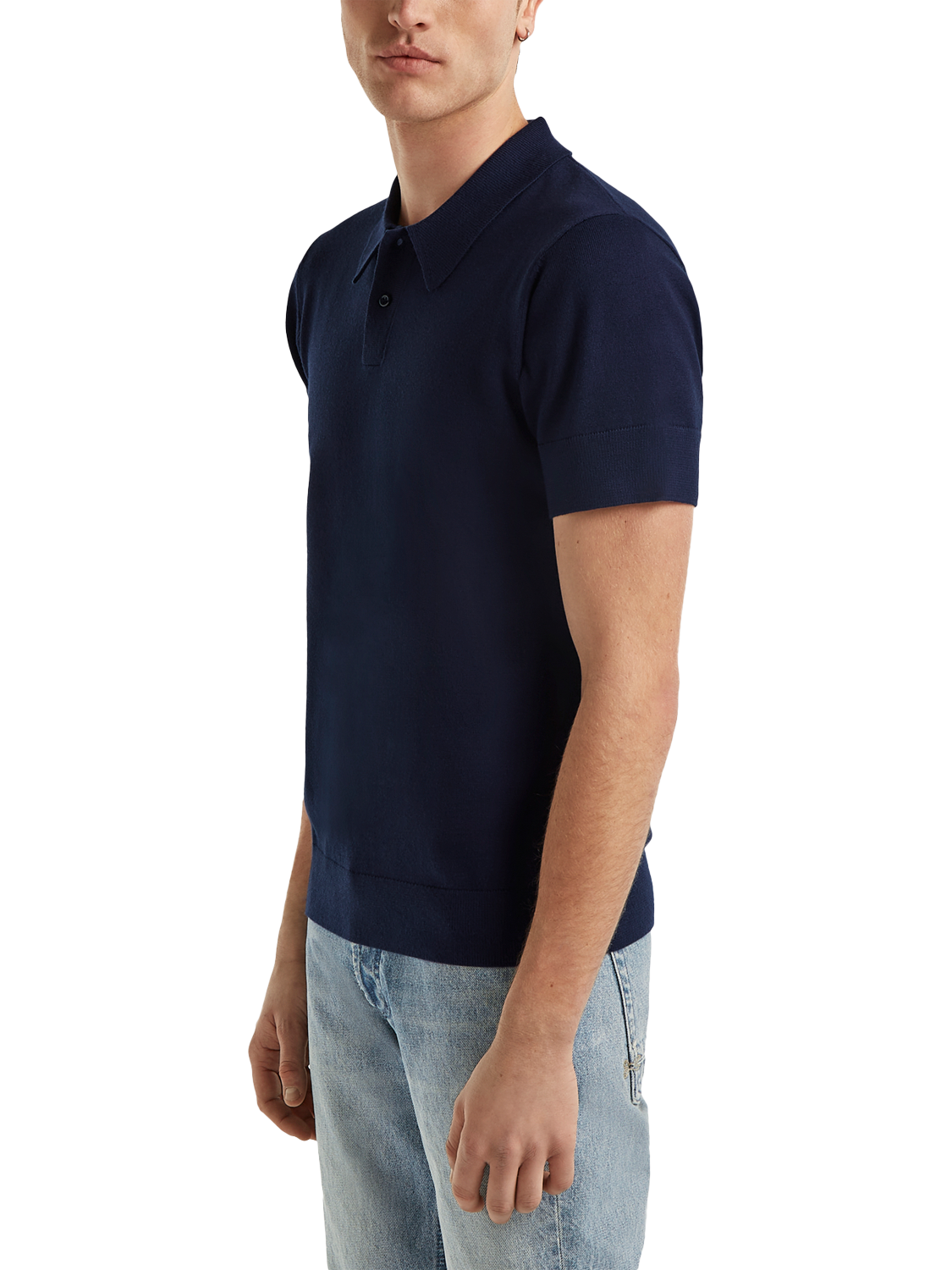 Product image 3 of 4, which shows DENHAM Eaton Regular Fit Short Sleeve Knitted Polo Shirt, Navy Blue, S