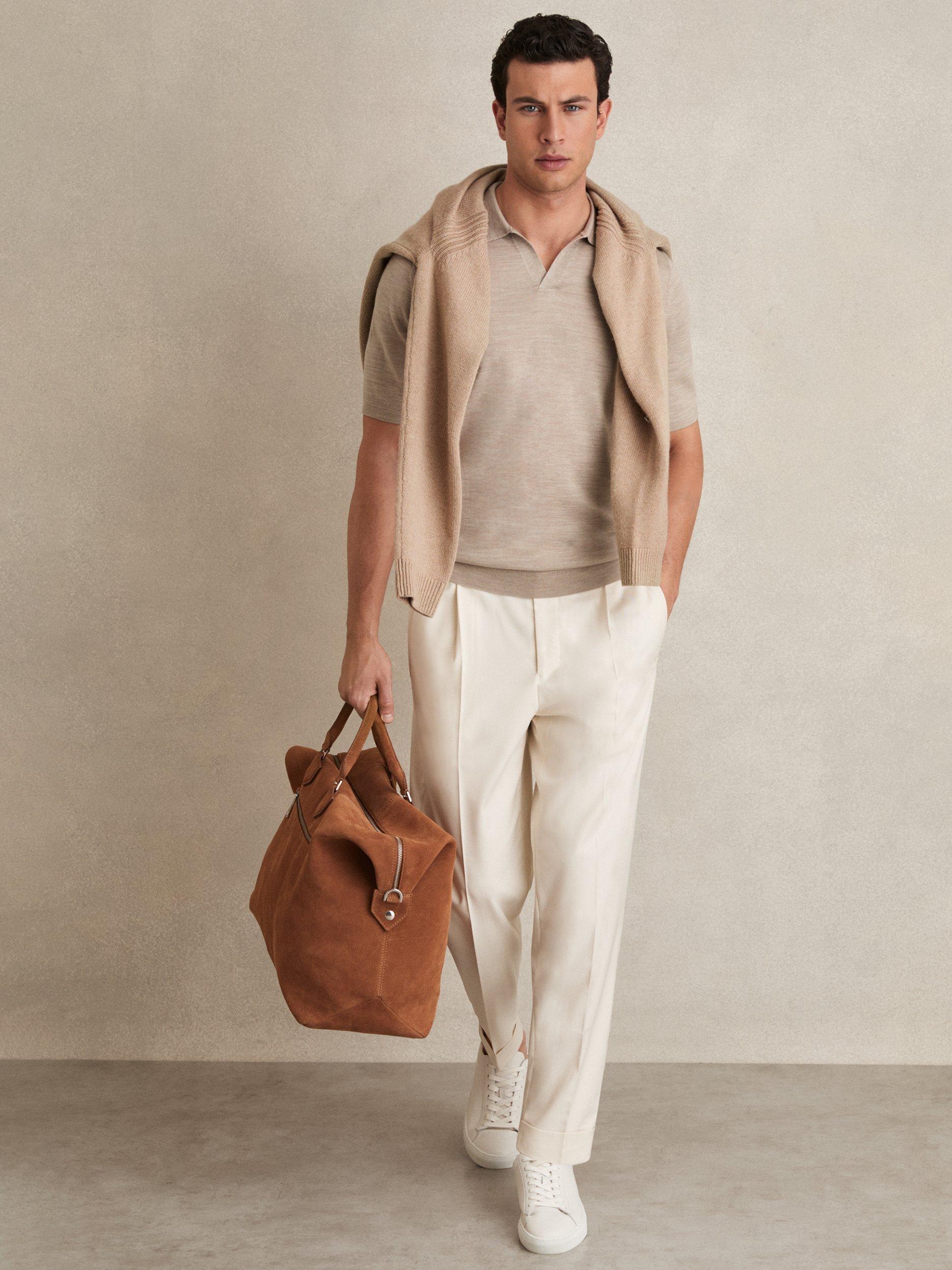 Product image 2 of 5, which shows Reiss Duchie Merino Wool Open-Collar Polo Shirt, Cream, XS