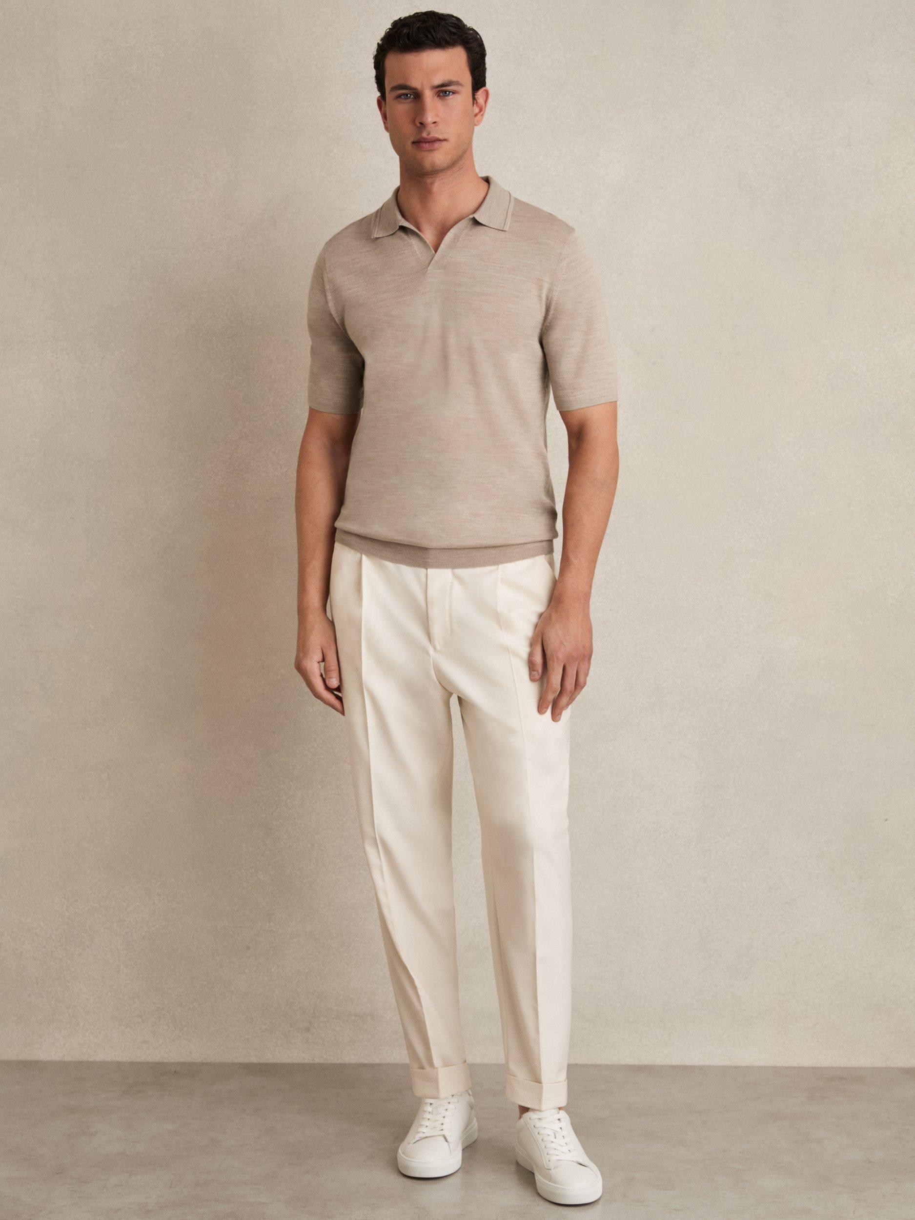 Product image 4 of 5, which shows Reiss Duchie Merino Wool Open-Collar Polo Shirt, Cream, XS